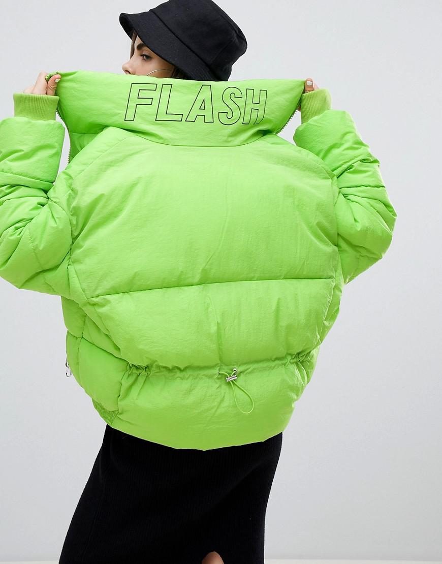 Bershka Denim Flash Padded Jacket in Green - Lyst