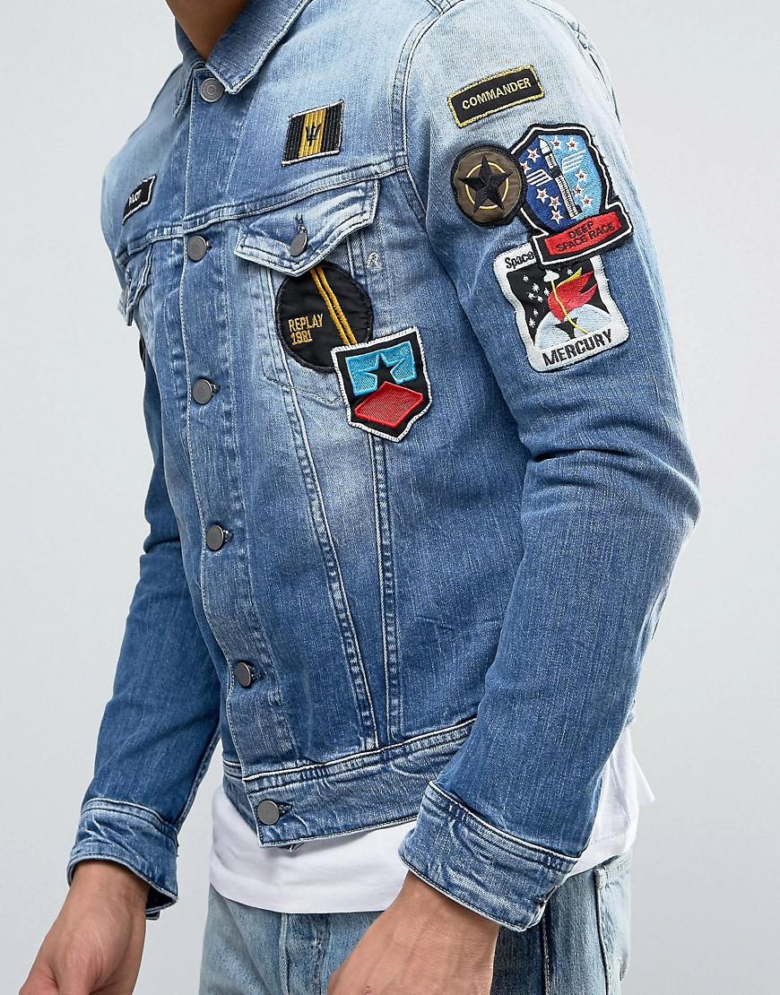 Replay Denim Trucker Jacket With Badges in Blue for Men - Lyst