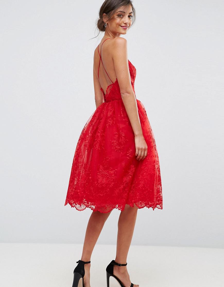 Chi Chi London High Neck Scalloped Lace Dress in Red | Lyst
