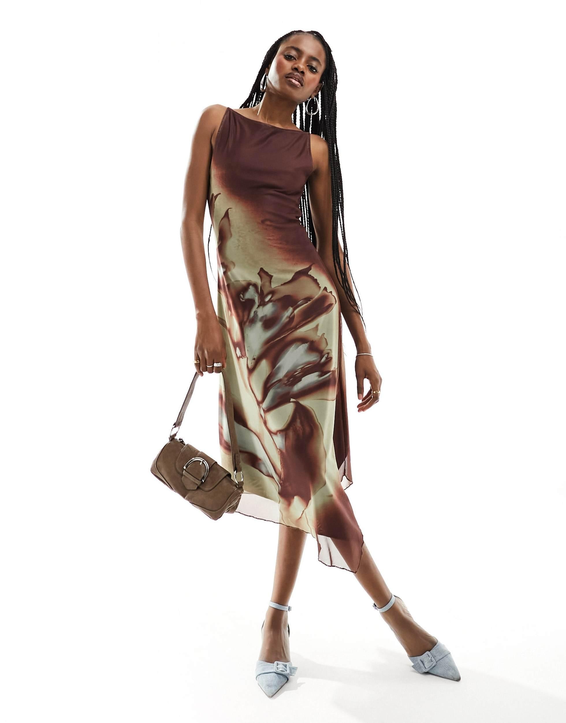 Motel Warped Floral Asymmetric Mesh Midi Dress in Brown | Lyst Australia Motel Warped Floral Asymmetric Mesh Midi Dress in Brown | Lyst Australia