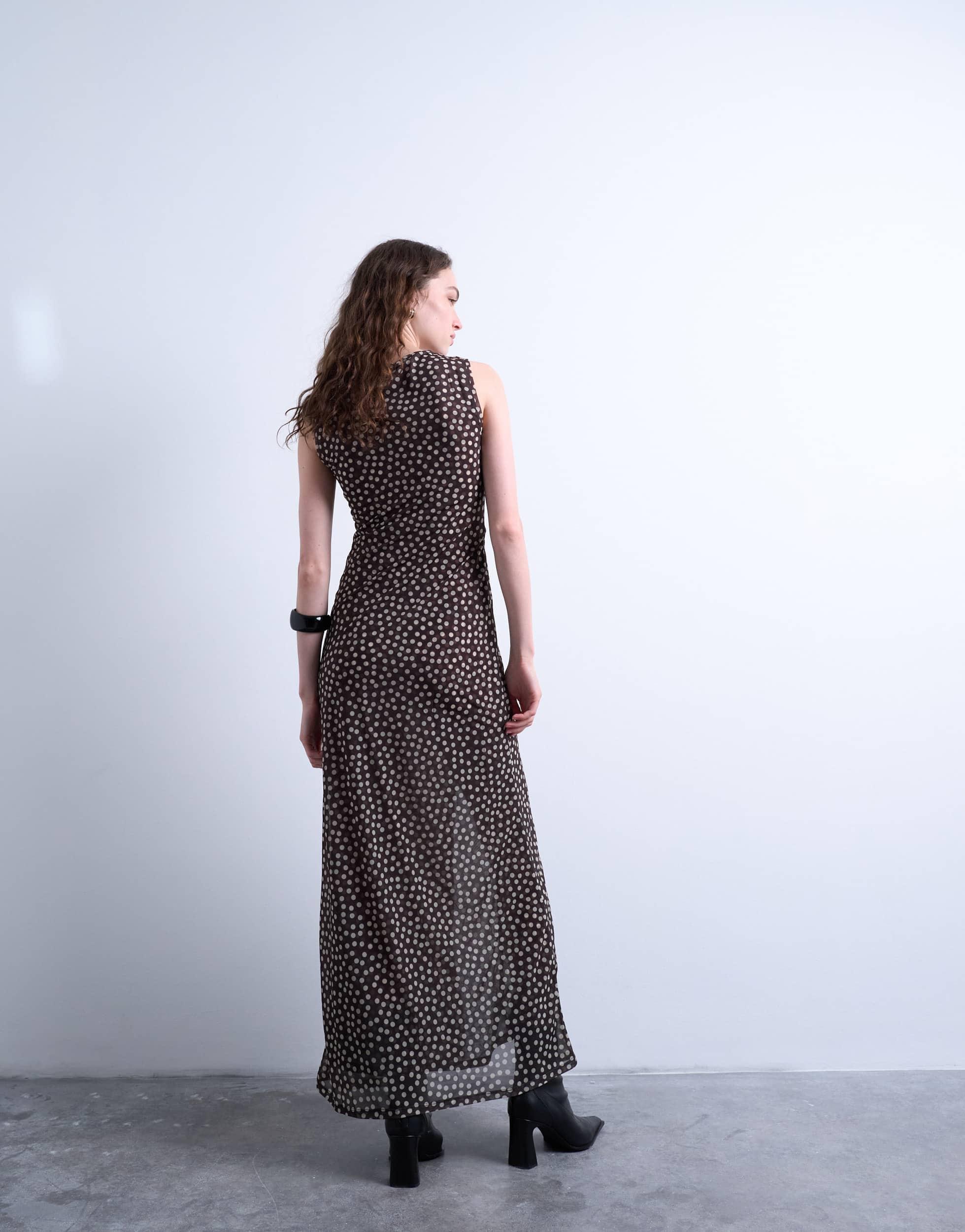 TOPSHOP Ruched Polkadot Maxi Dress in Gray | Lyst