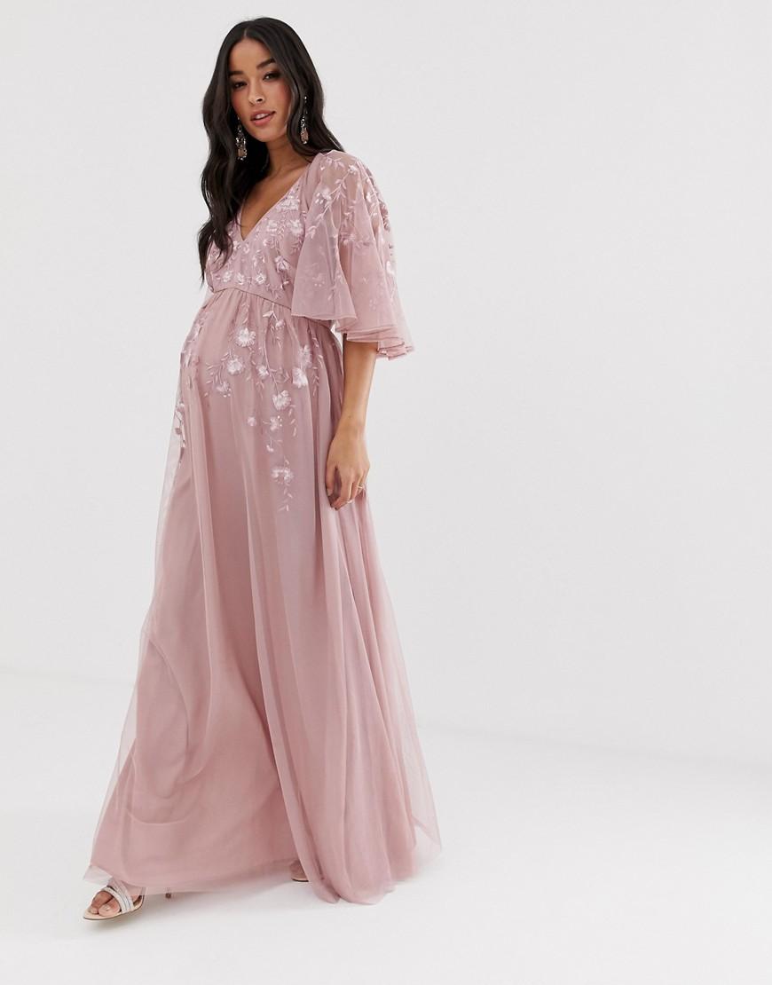 Asos Chiffon Maternity Flutter Sleeve Maxi Dress In Embroidered Mesh In Pink Lyst 