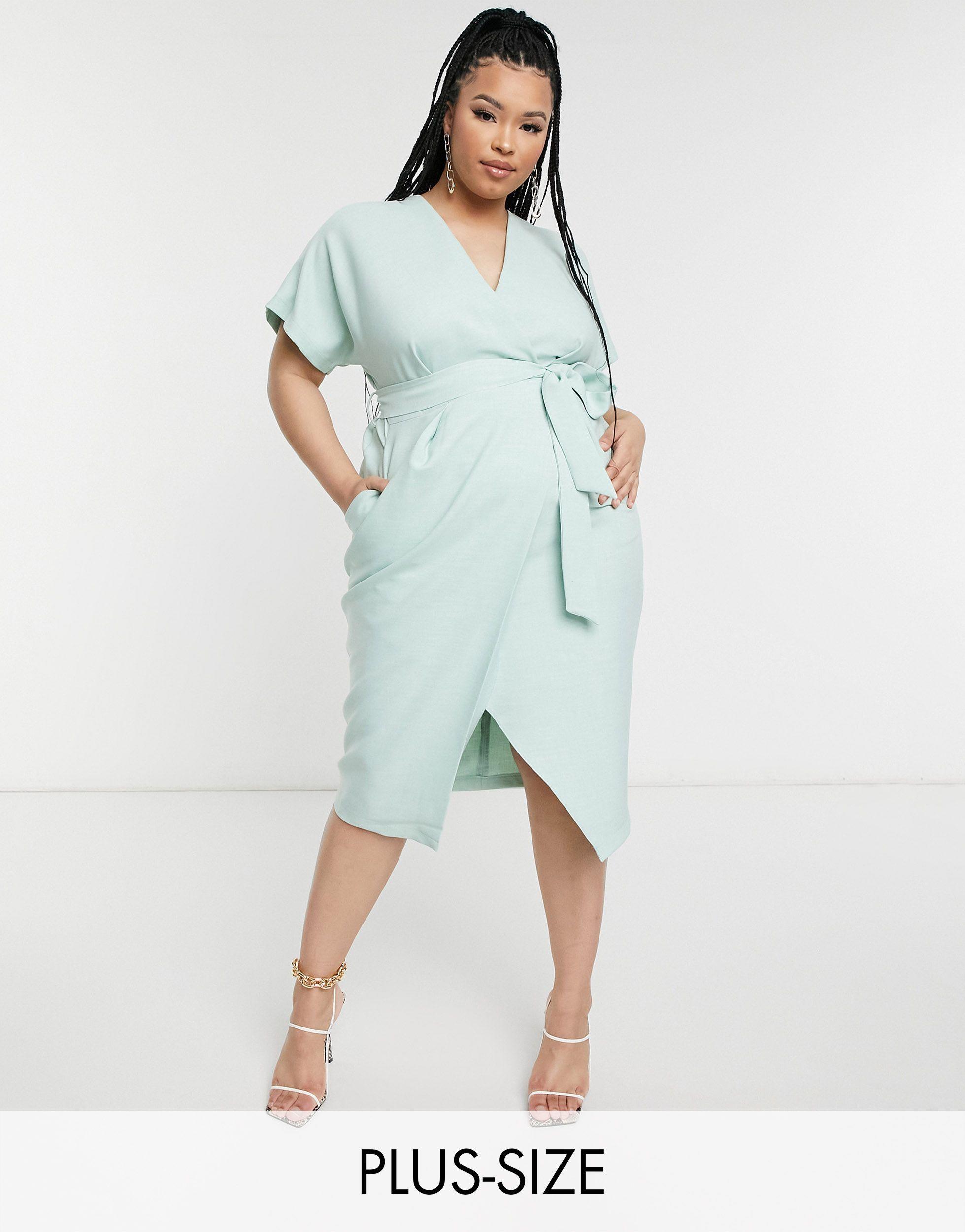 London Kimono Wrap Tie Midi Dress Green | Lyst Canada