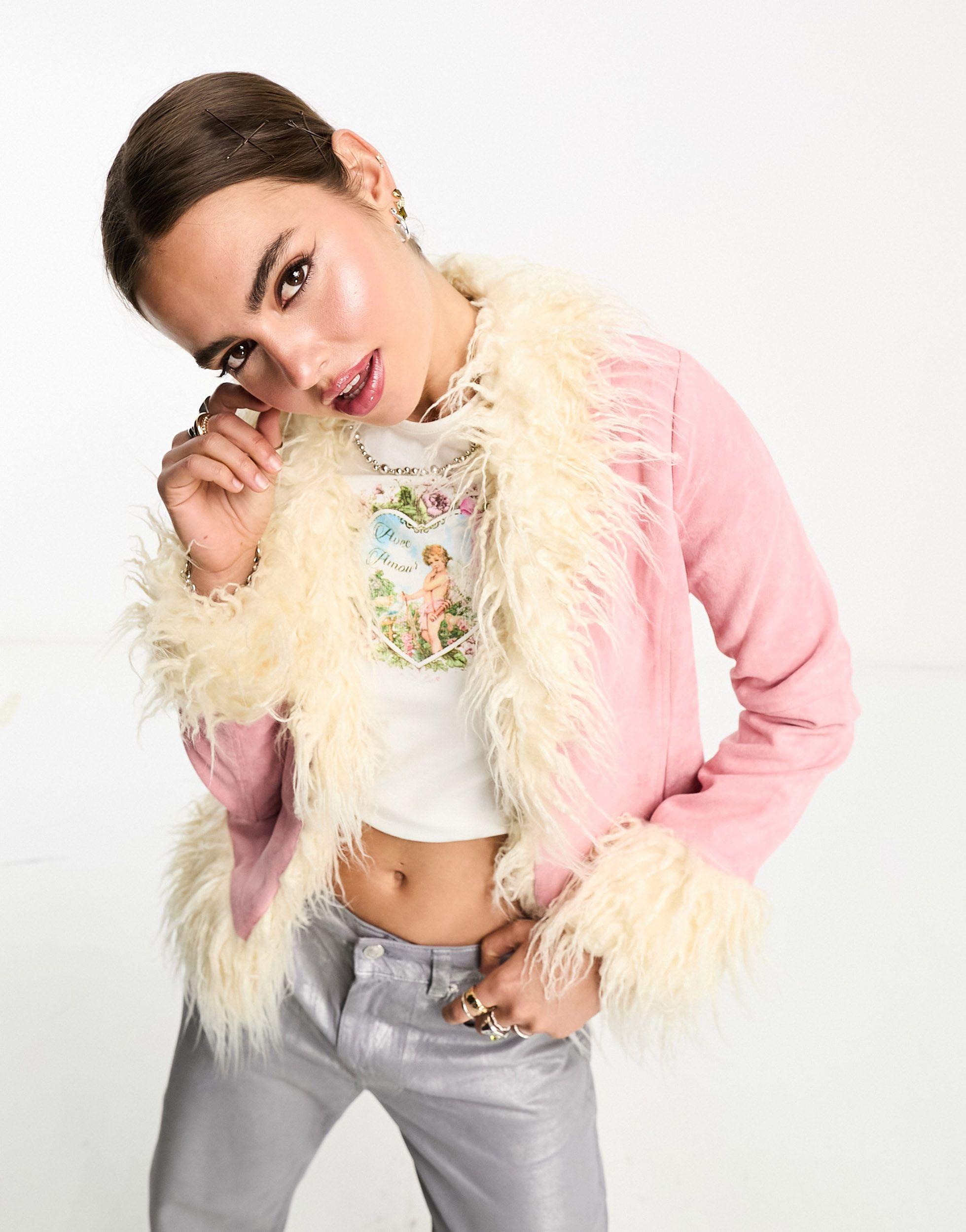 Bailey Rose 70s Faux Suede Fluffy Trim Coat in Pink Lyst Canada
