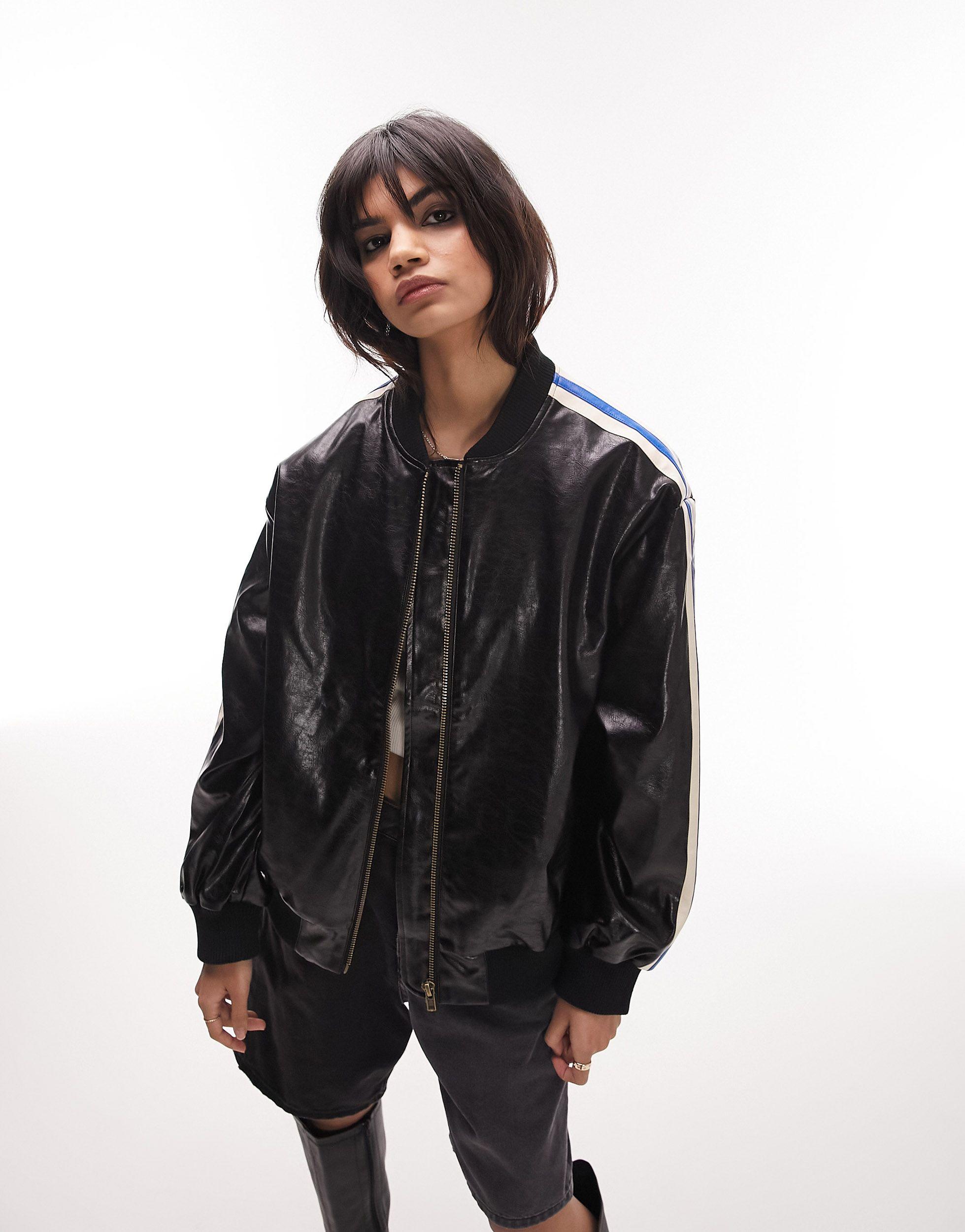 TOPSHOP Faux Leather Vintage Oversized Track Style Bomber Jacket in Black |  Lyst