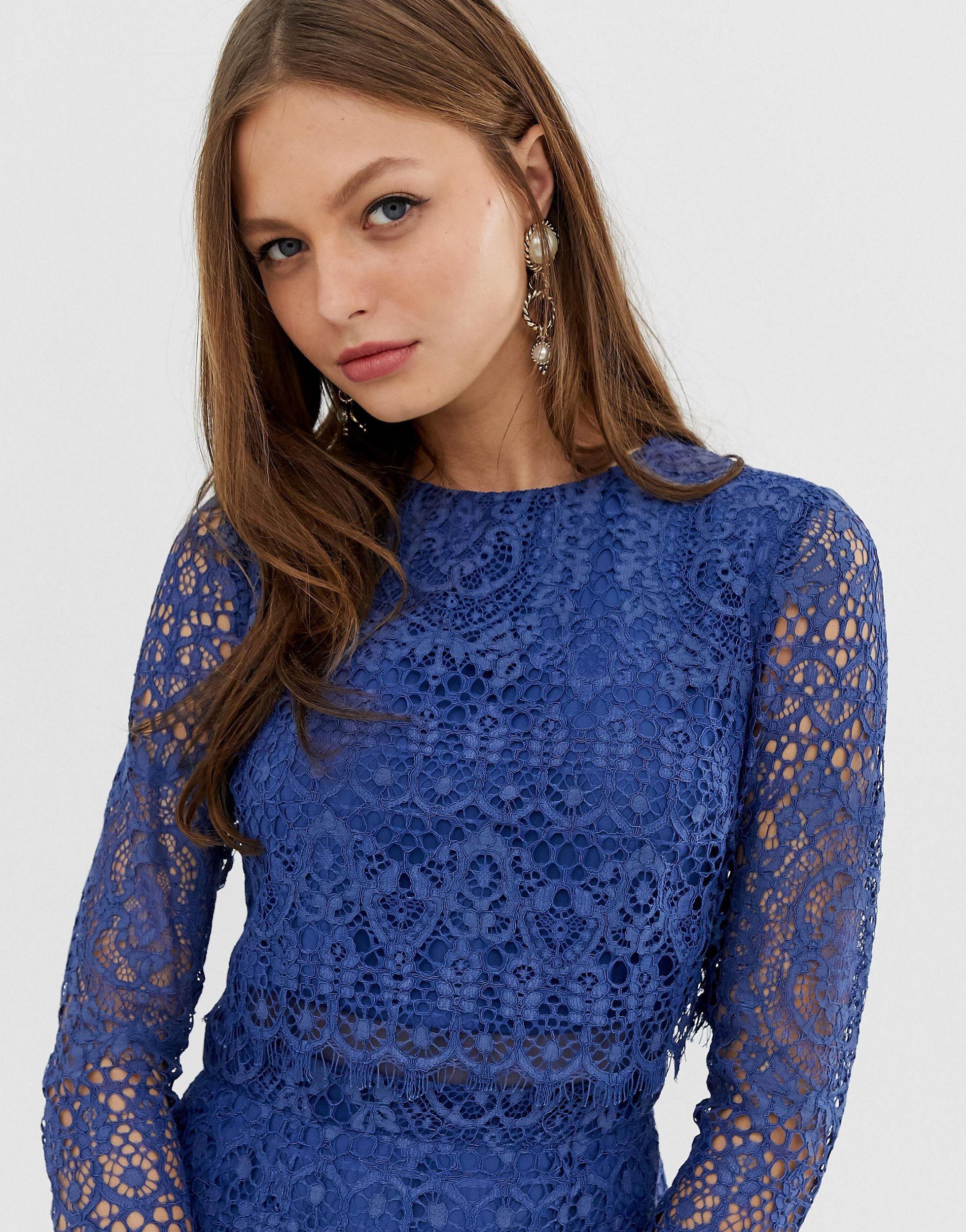 asos design lace long sleeve midi pencil dress