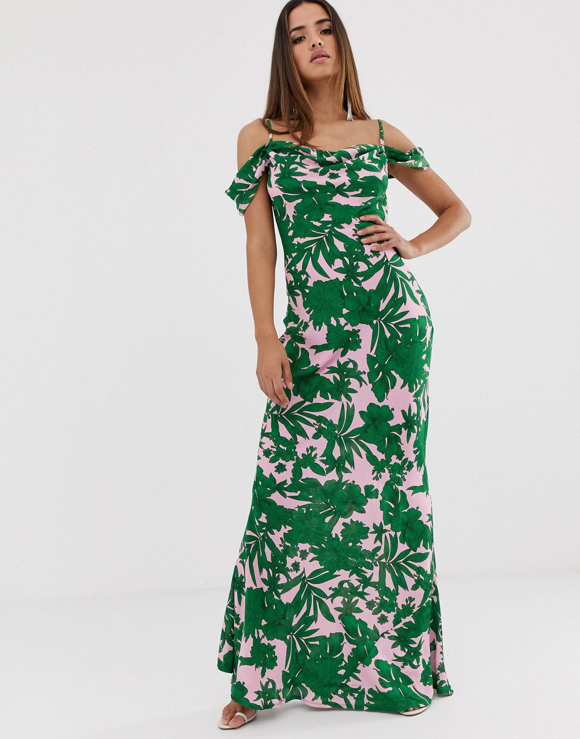 Vestido largo bardot con cuello desbocado y estampado tropical Club L  London de Tejido sintético de color Verde | Lyst