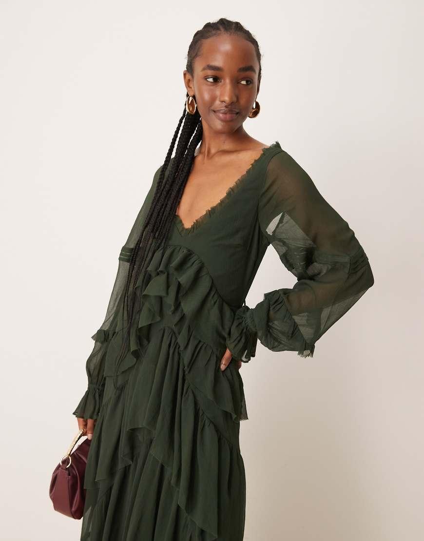 ASOS V Front Tiered Ruffle Maxi Dress With Hi Low Hem And