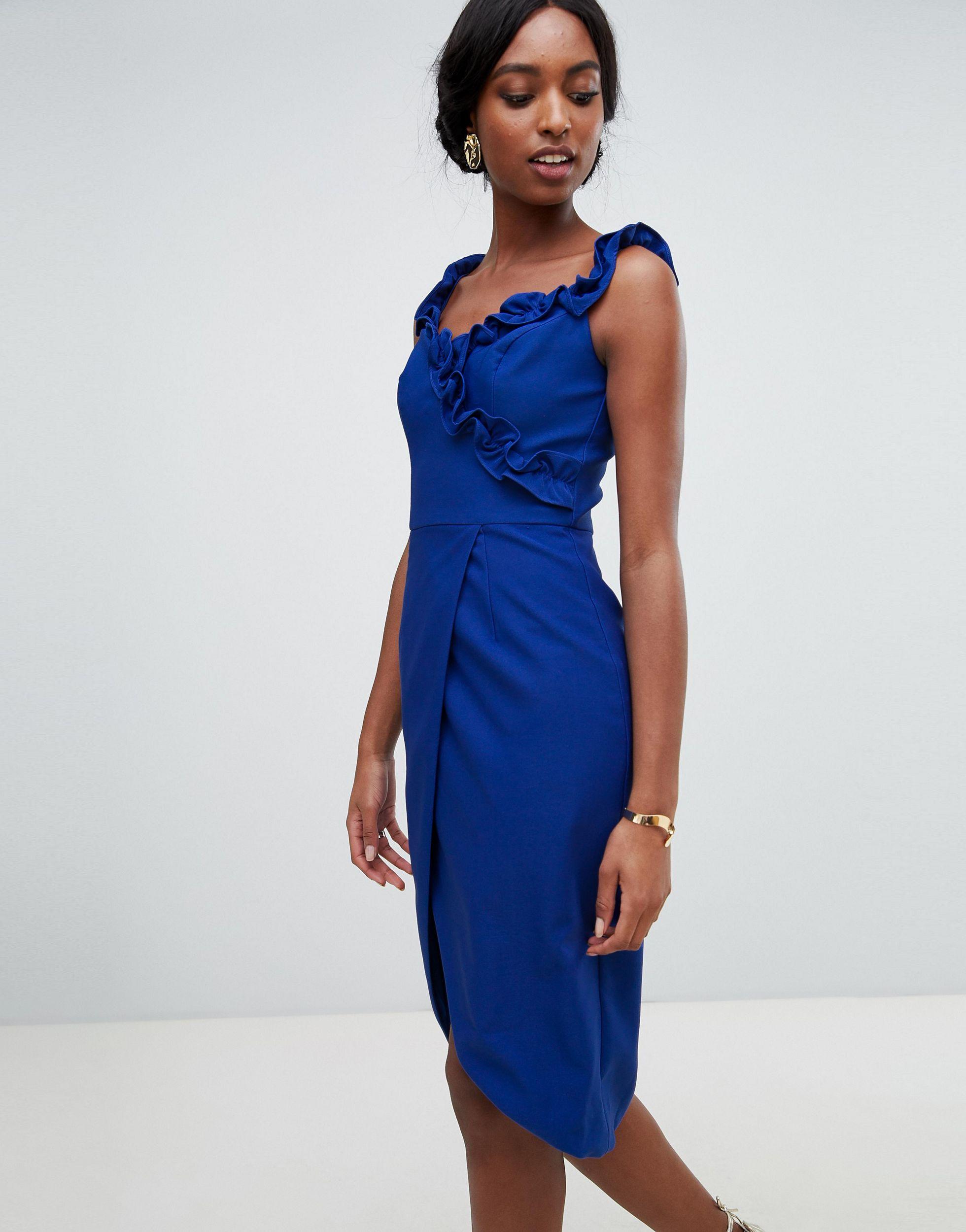 Chi Chi London Silk Wrap Pencil Dress With Frill Detail In Cobalt in Blue |  Lyst
