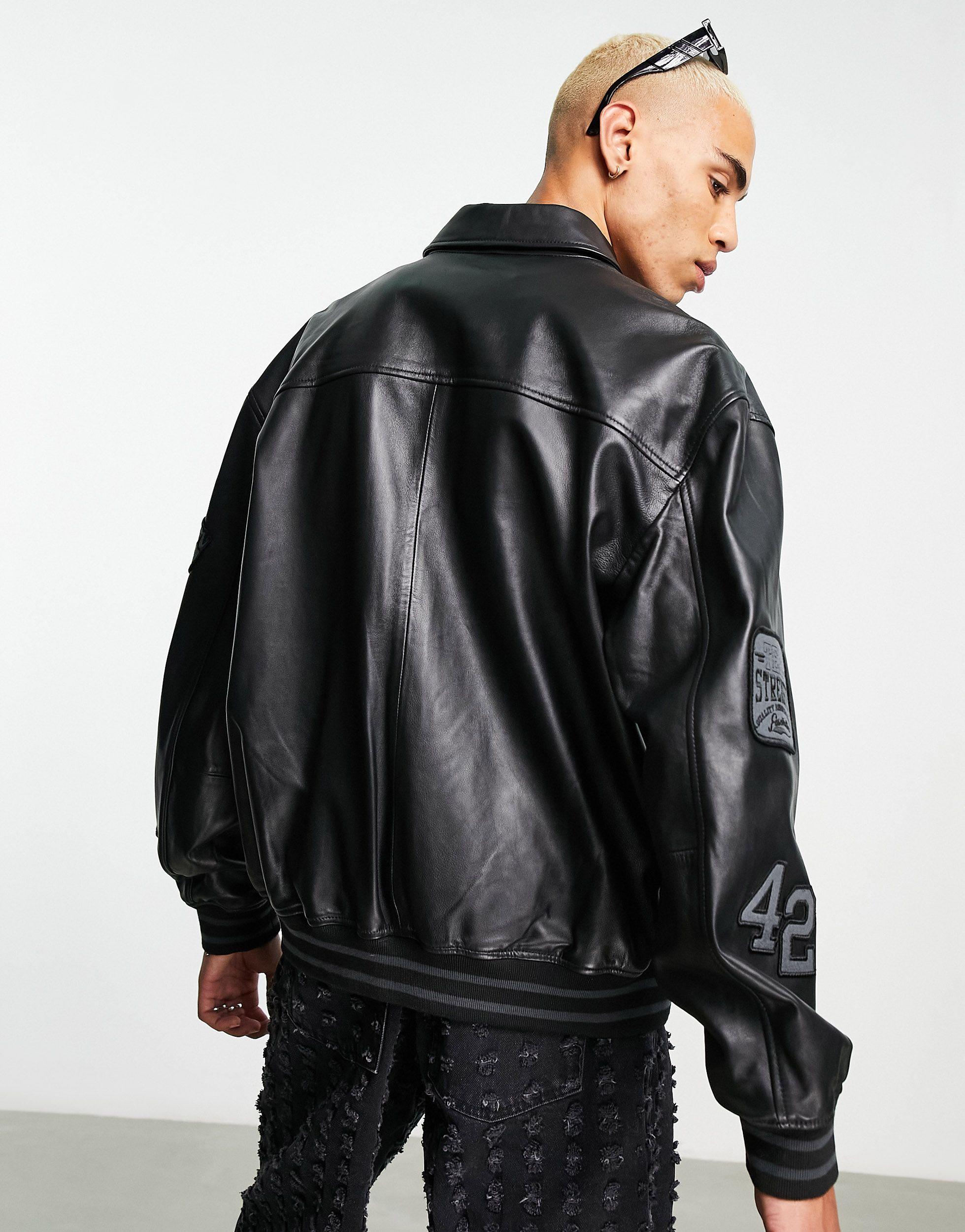 Adpt Oversized Varsity Bomber Jacket with Faux Leather Sleeves in Black
