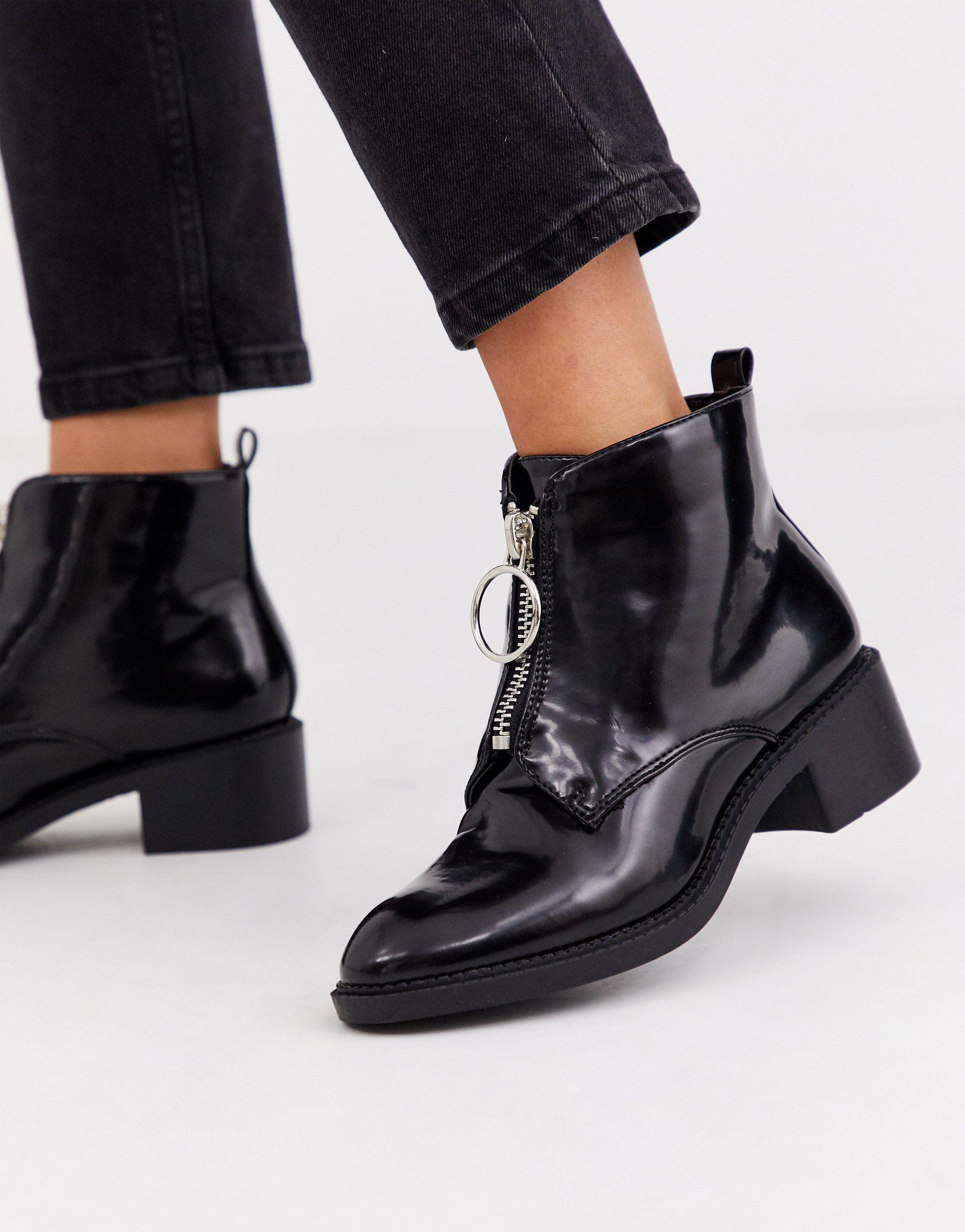 black patent boots with zip up front