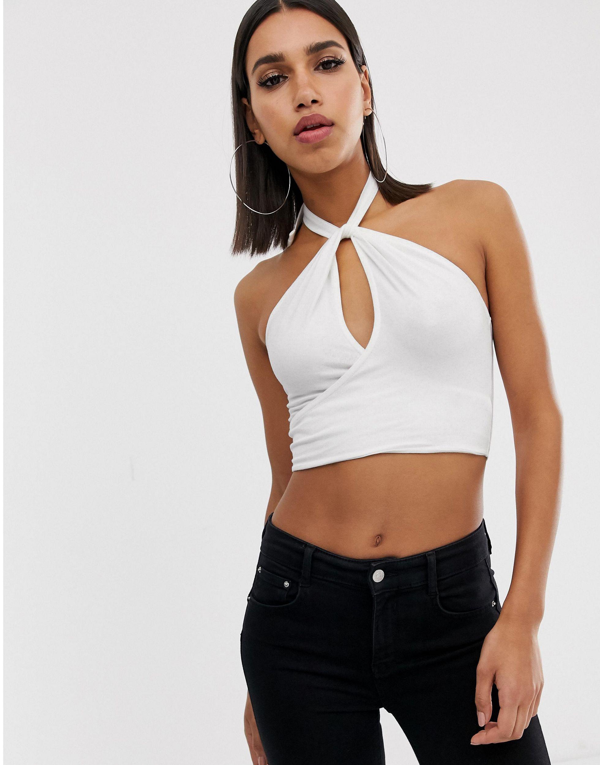 ASOS Halter Crop Top With Keyhole in White | Lyst