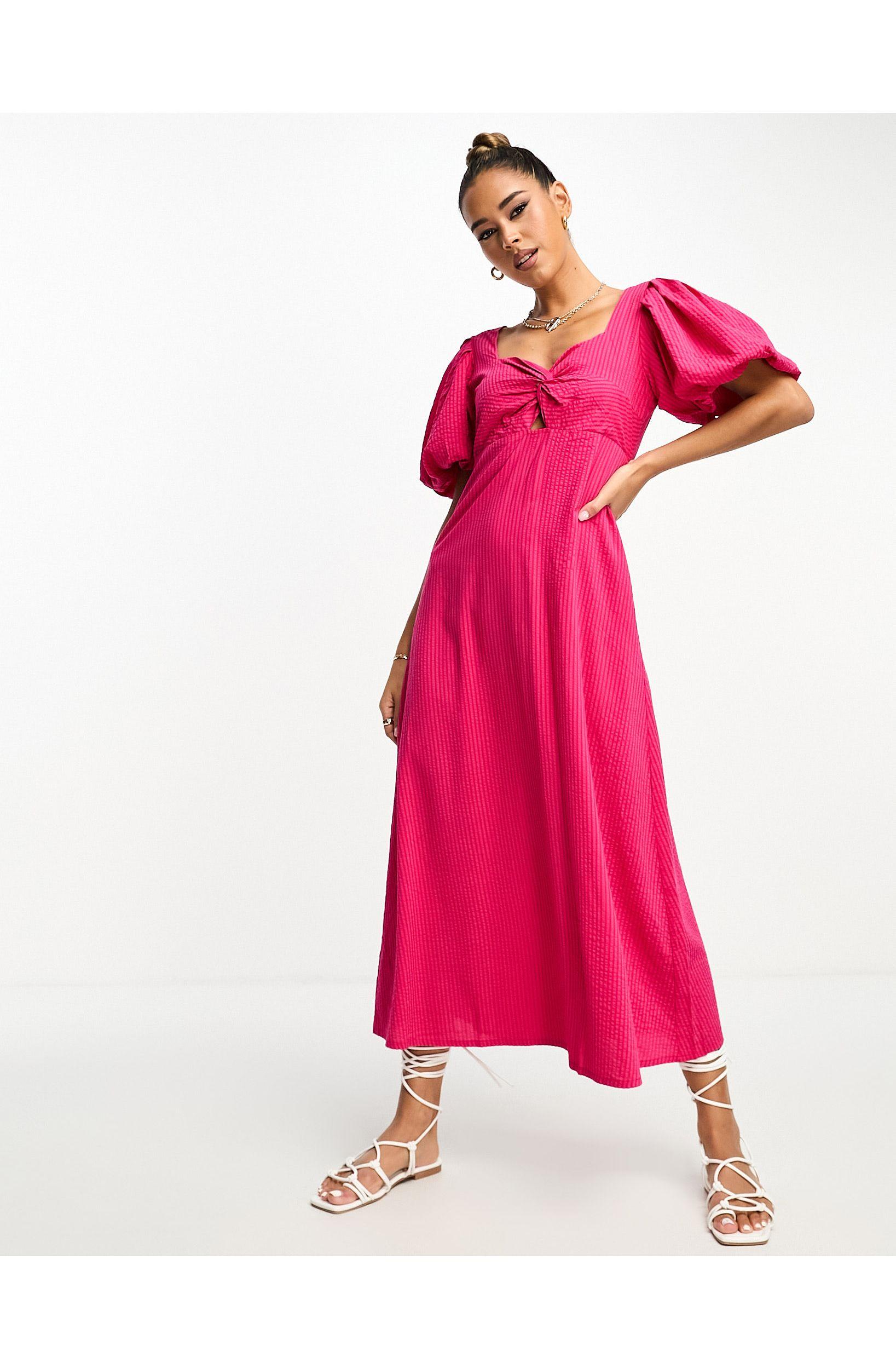 Mango Puff Sleeve Twist Front Midi Dress in Pink Lyst UK