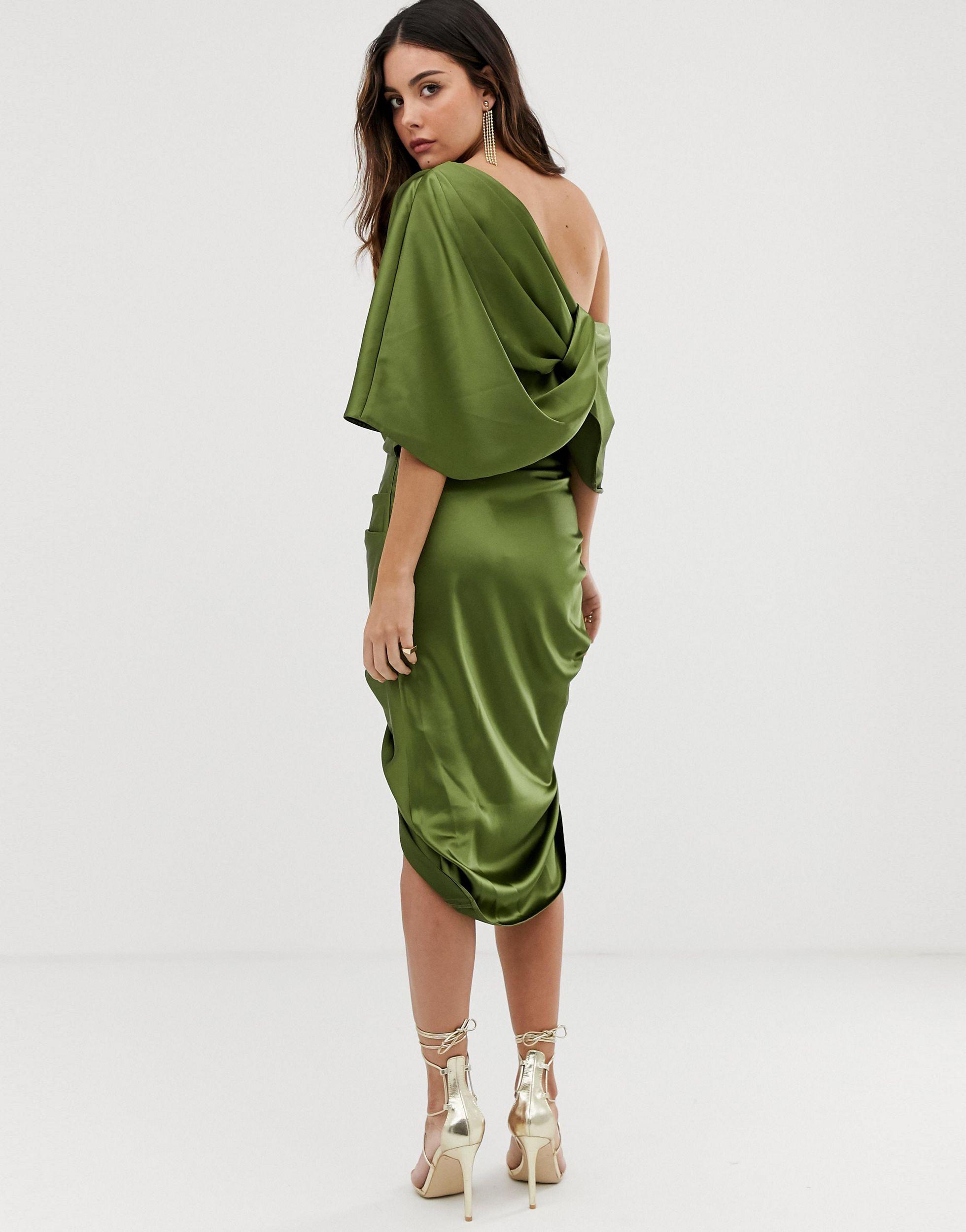 ASOS Satin Drape Asymmetric Midi Dress in Green - Lyst