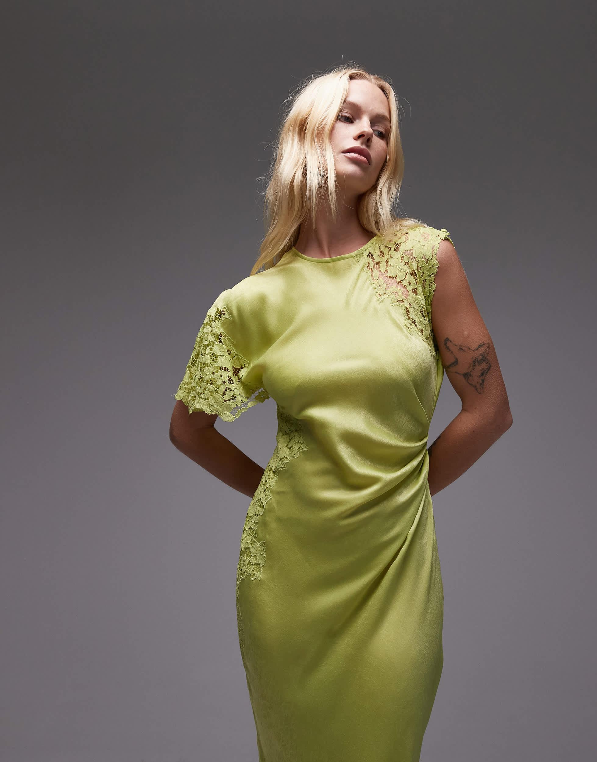 topshop neon green dress TOPSHOP Floral Print Drop Waist Midi Dress in Neon Green NEW tie straps