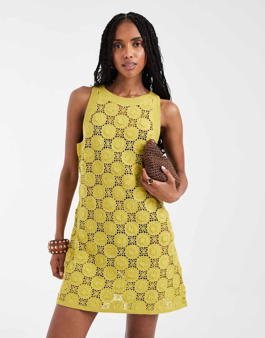 asos yellow crochet dress ASOS DESIGN Petite embellished crochet cut out mini skater dress with godet  in yellow