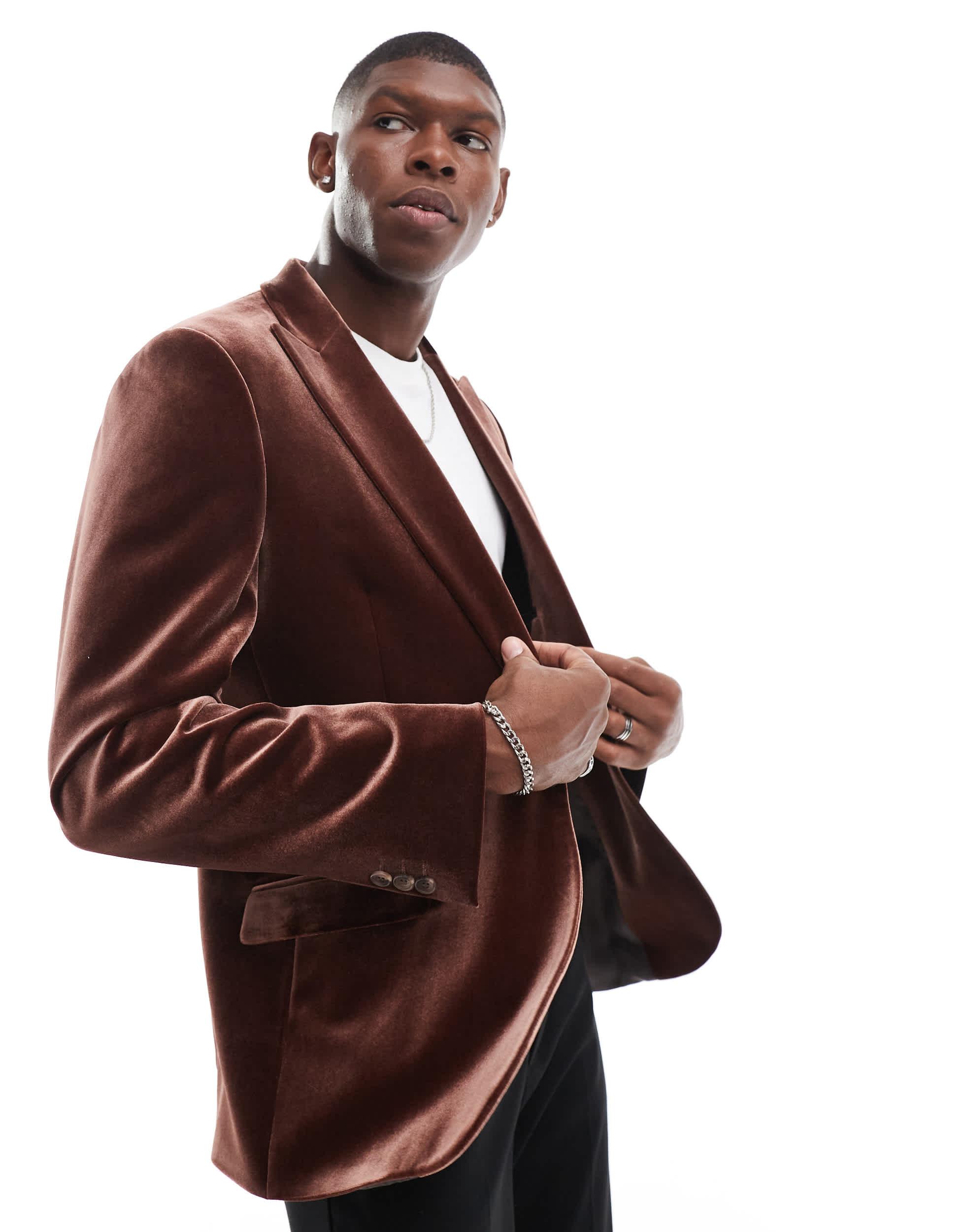 ASOS Slim Fit Velvet Blazer in Brown for Men Lyst UK
