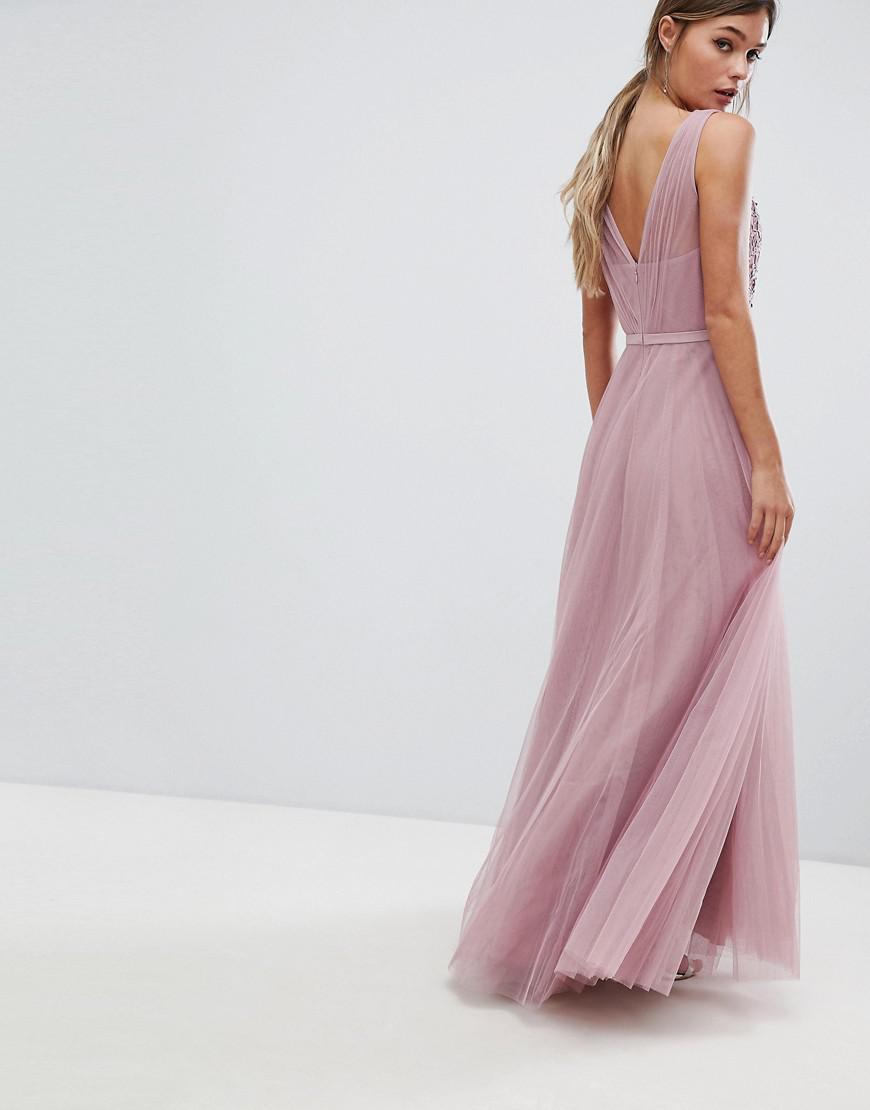 Little Mistress Lace Detail Tulle Maxi Dress in Pink | Lyst