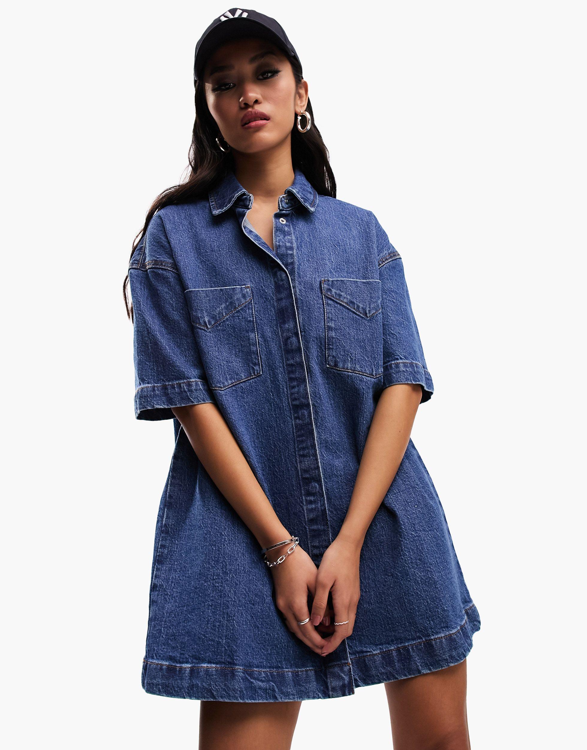 ASOS Short Sleeve Denim Shirt Dress in Blue | Lyst