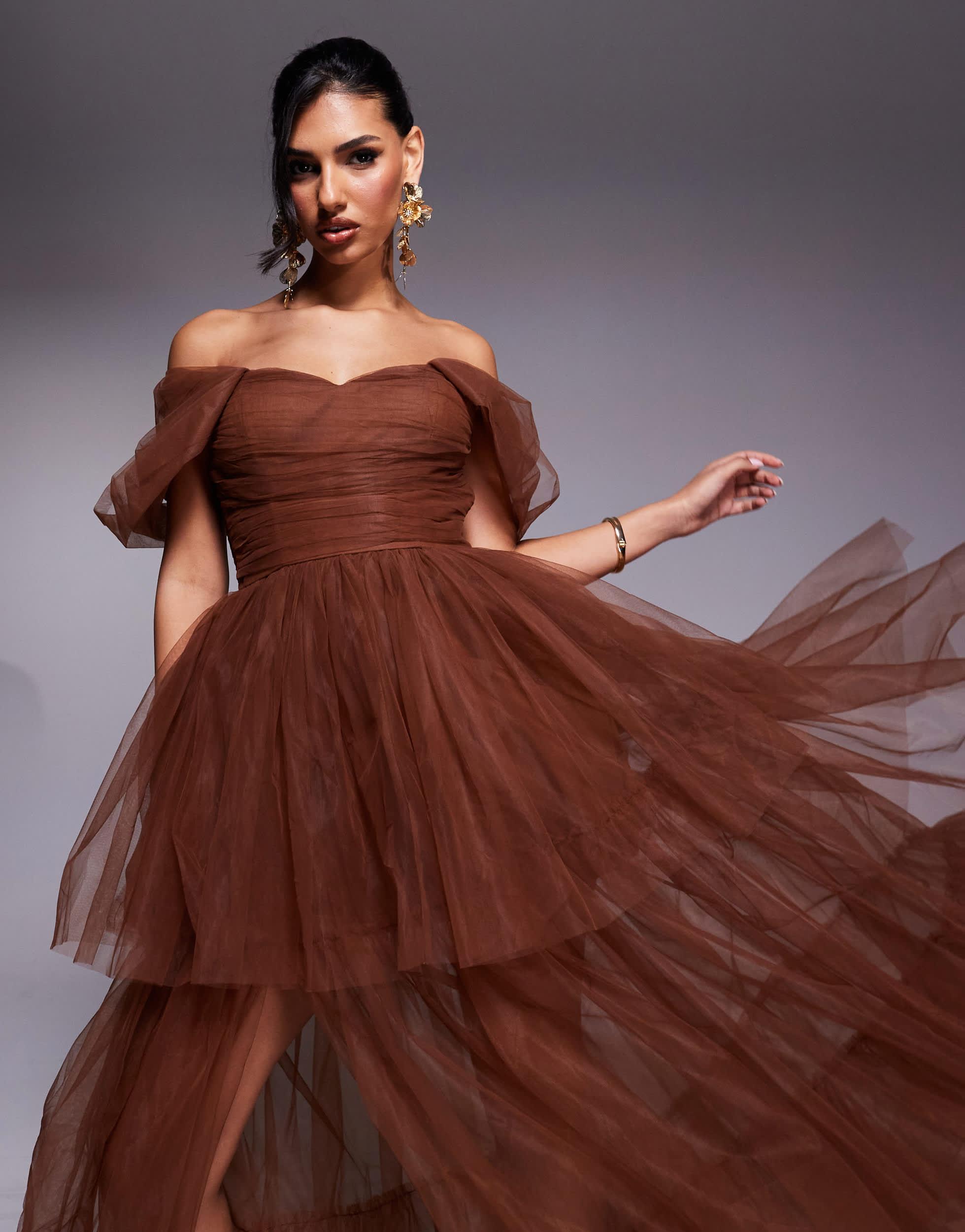 LACE & BEADS Off Shoulder High Low Tulle Maxi Dress in Brown | Lyst