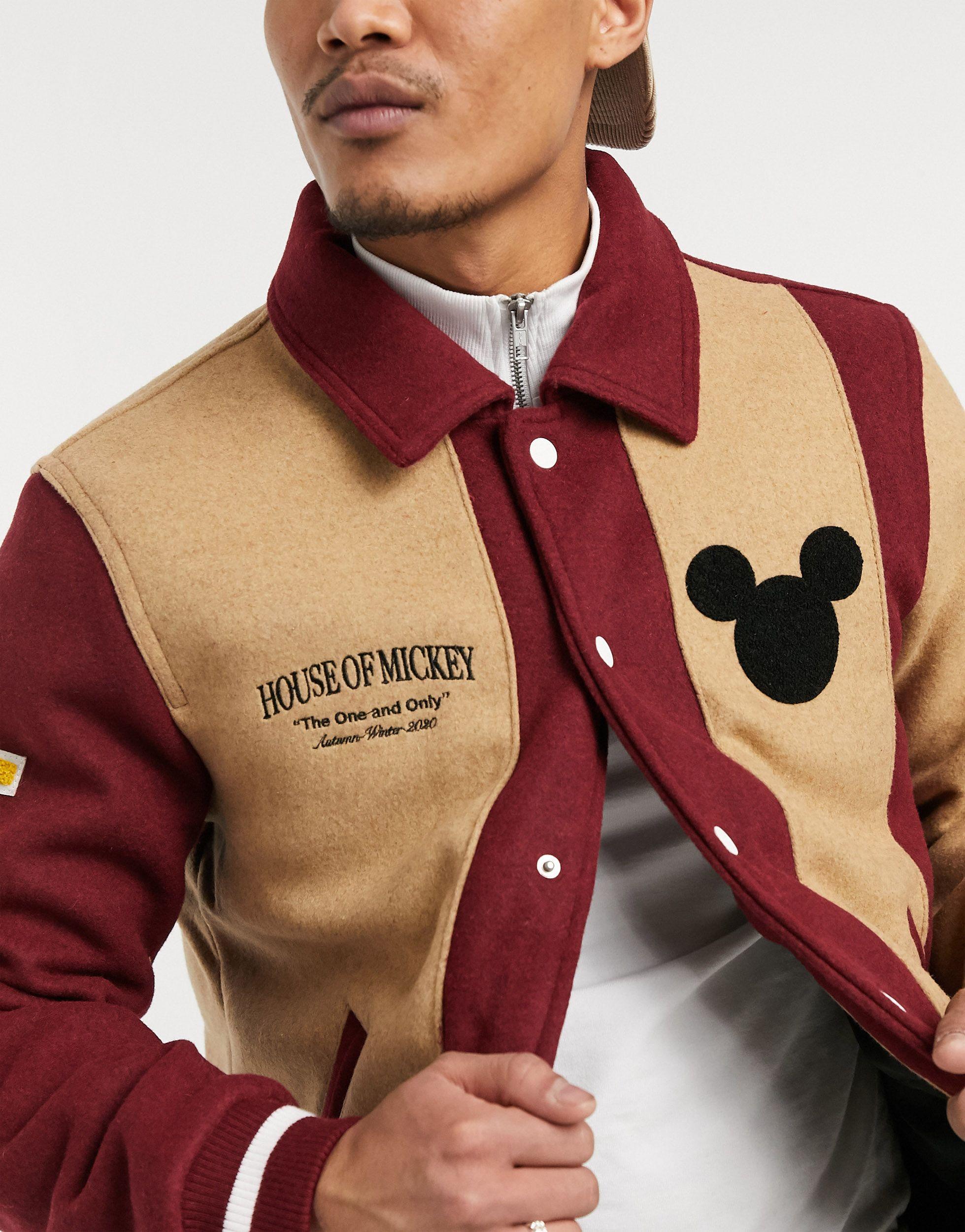 Bershka Synthetic Mickey Mouse Varsity Bomber Jacket in Red for Men - Lyst