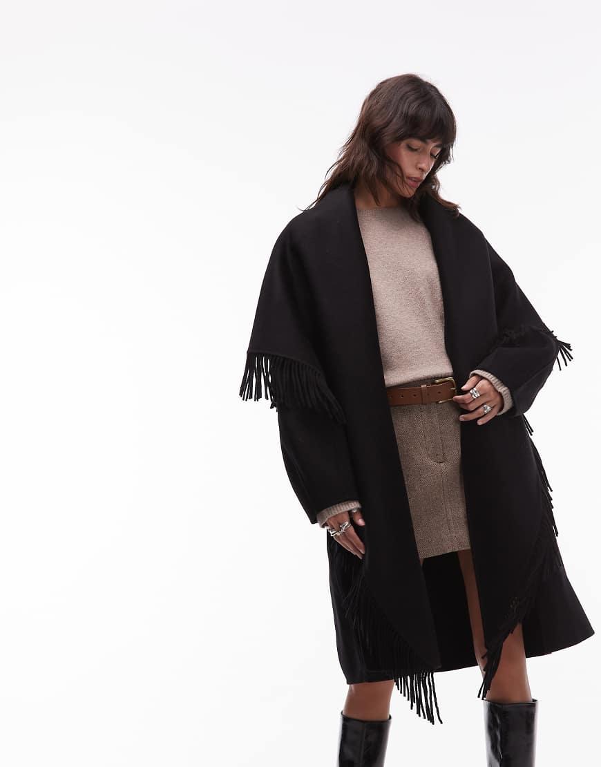 Other Stories Rich Wool Fringing Tassel Midi Cape Coat in Black
