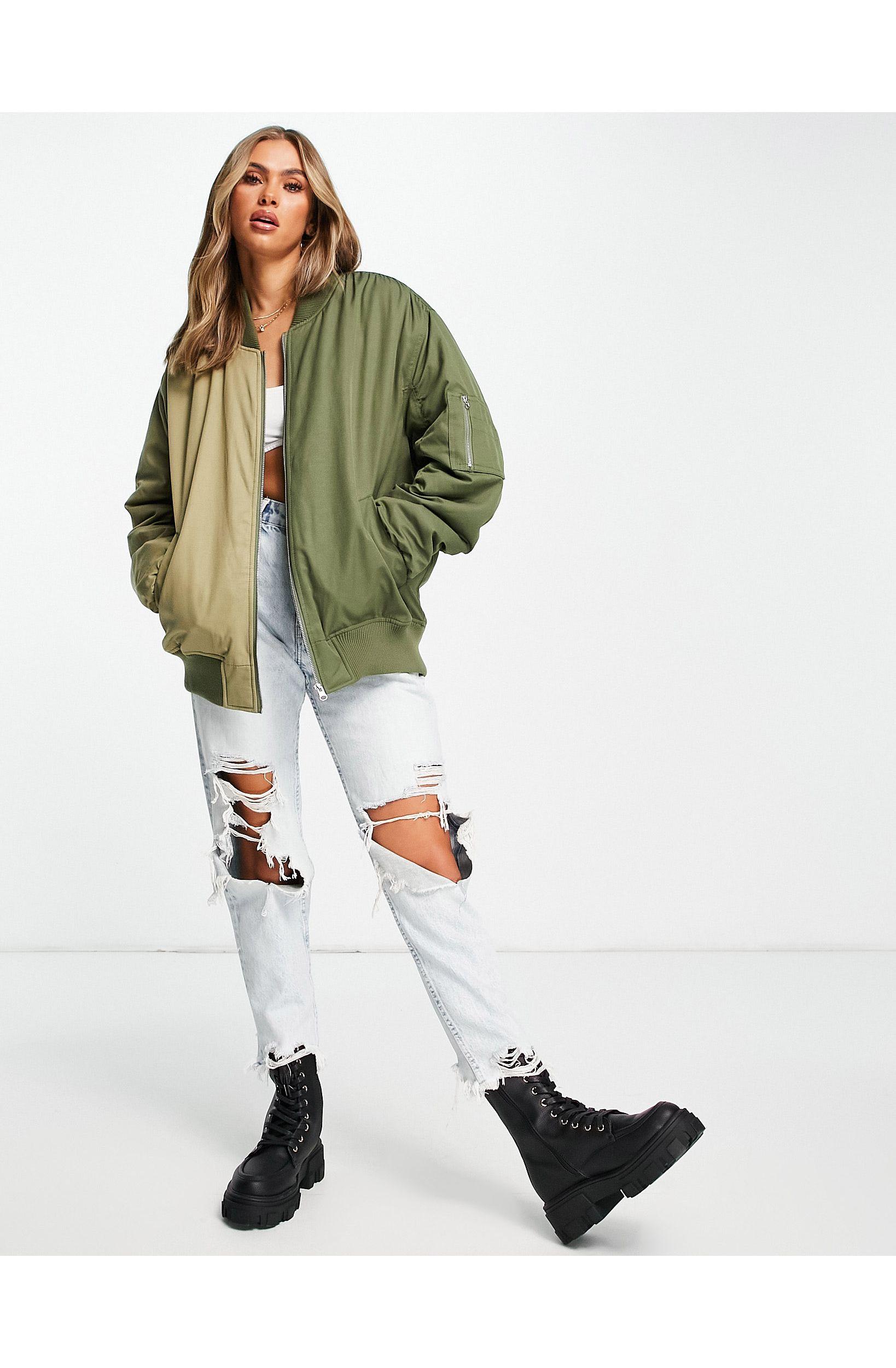 TOPSHOP Oversized Half And Half Contrast Bomber Jacket in Green | Lyst