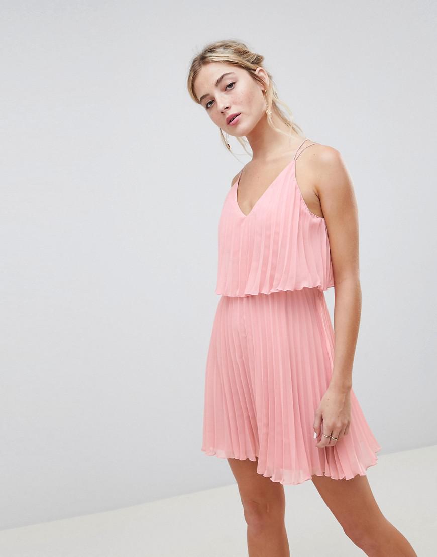 ASOS Denim Pleated Crop Top Mini Dress in Pink - Lyst