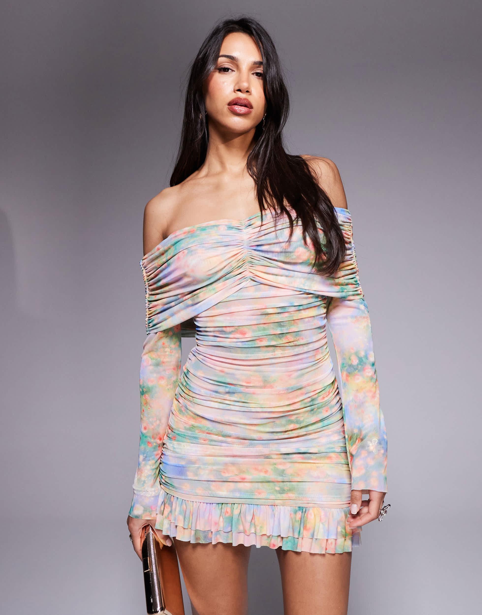 knee length dresses for ladies Shop The Lucia Sheer Sleeve Ruched Mini Dress in Light Blue