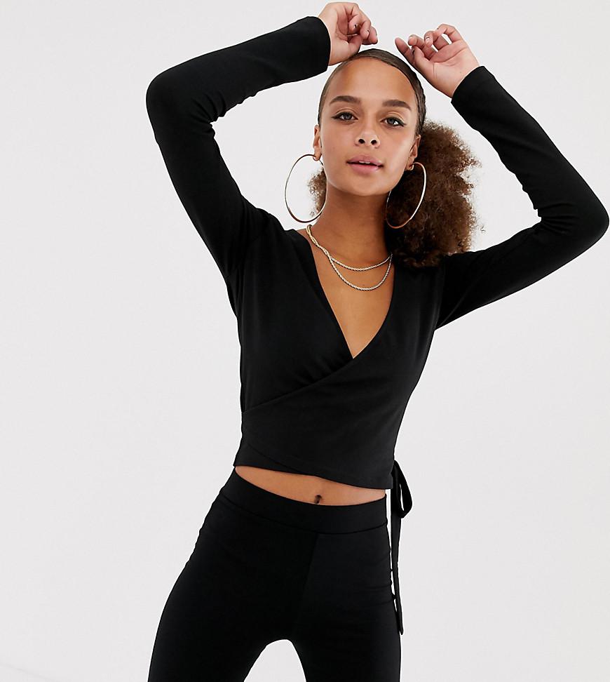 Collusion Long Sleeve Wrap Top in Black ...