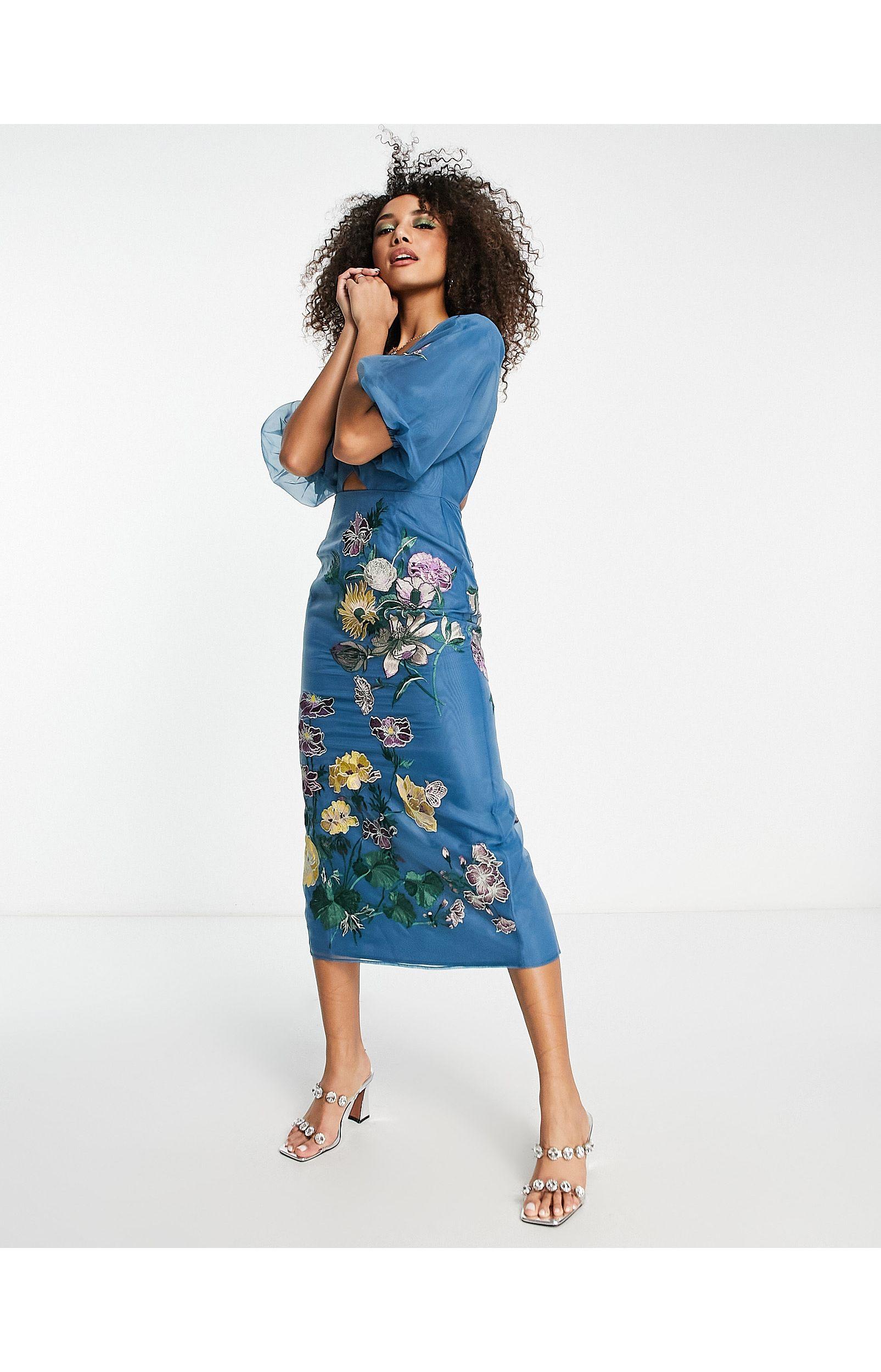 ASOS Floral Embroidered Organza Midi Dress in Blue | Lyst