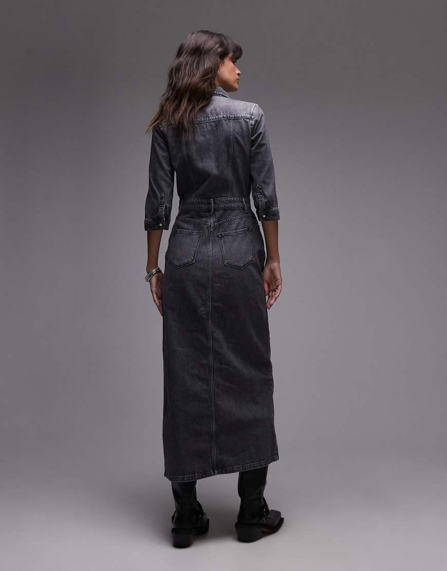 blair long sleeve denim maxi dress AllSaints Blair Denim Maxi Dress in Grey