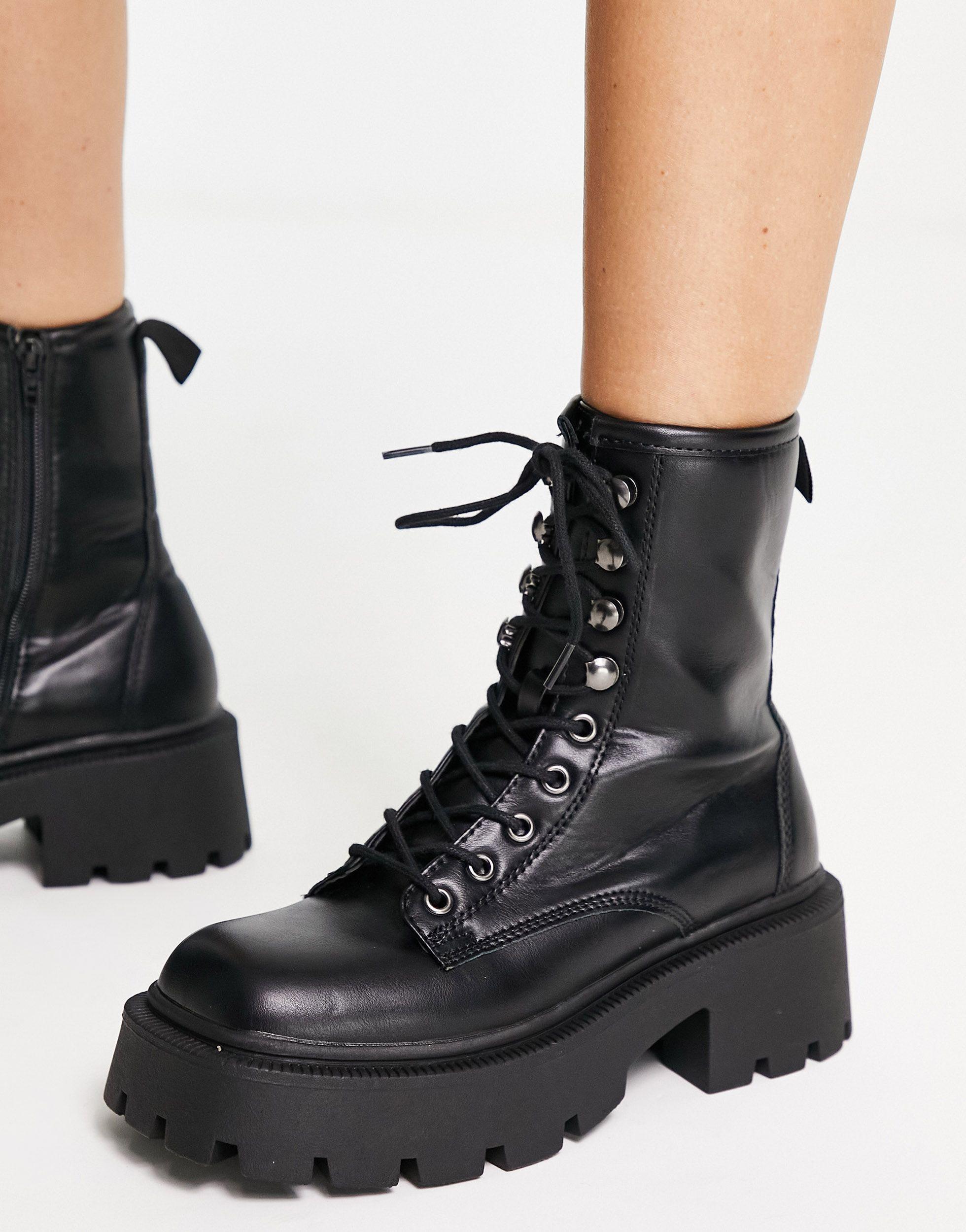 truffle collection square toe chunky lace up boots in black