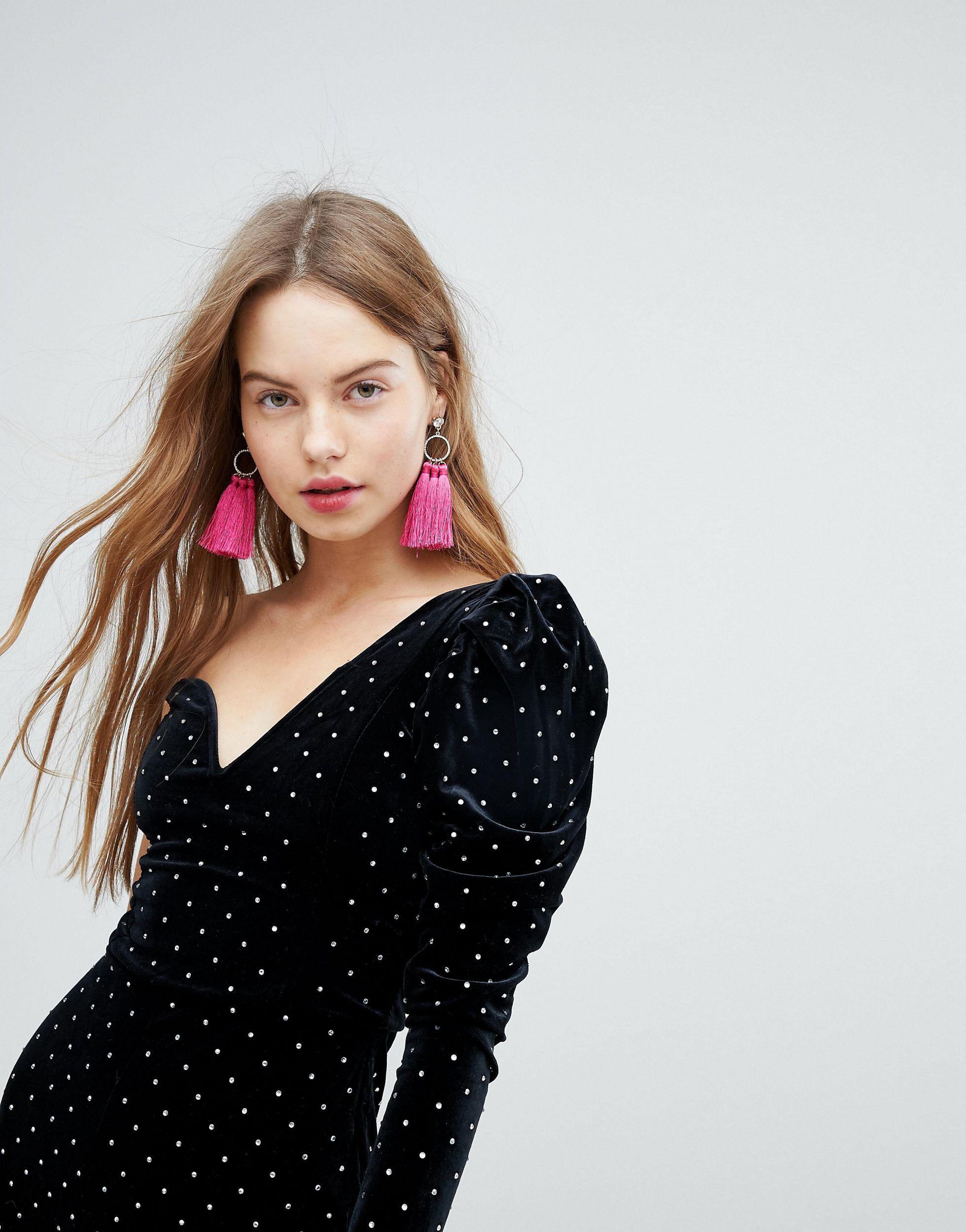 Bershka Velvet Stud One Shoulder Playsuit in Black | Lyst