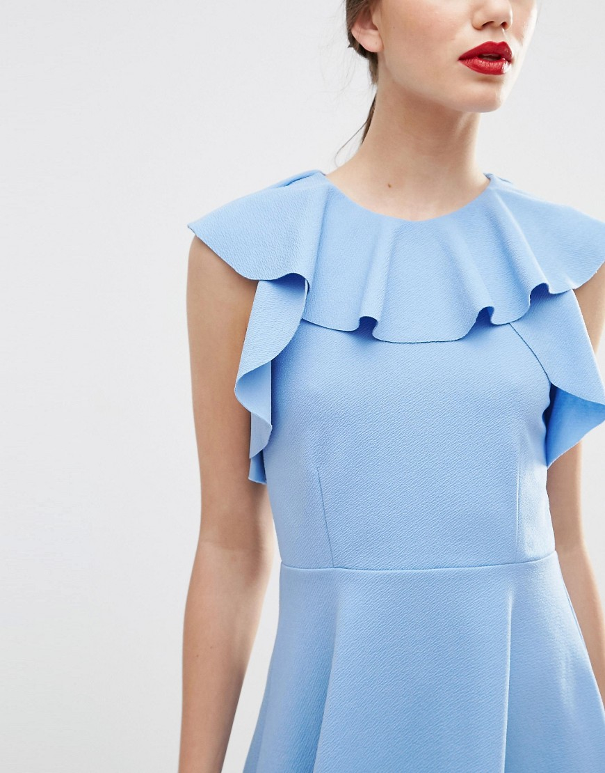 Asos Skater Dress With Ruffle Neck in Blue | Lyst