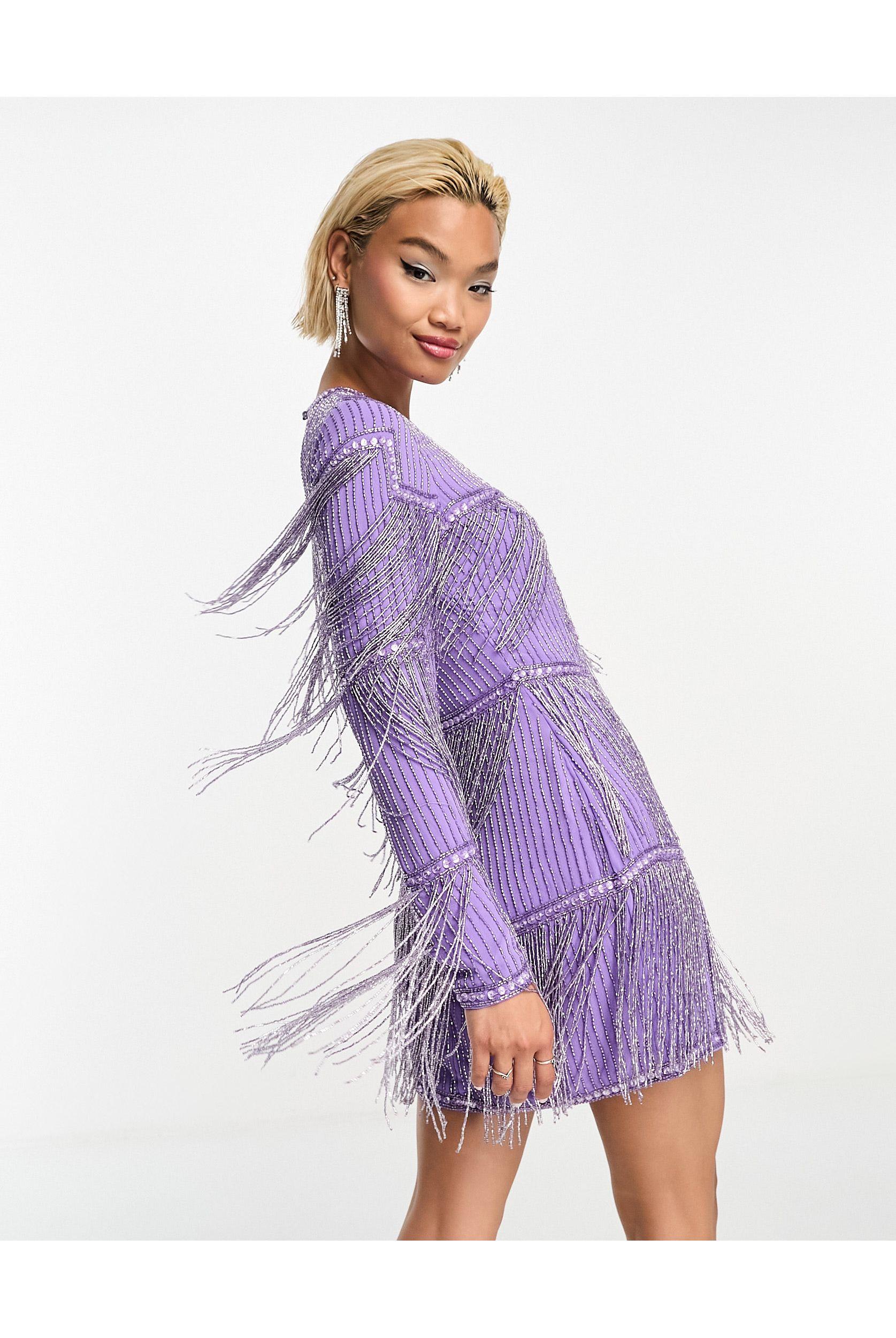ASOS Embellished Shift Mini Dress With Beaded Fringe in Purple | Lyst