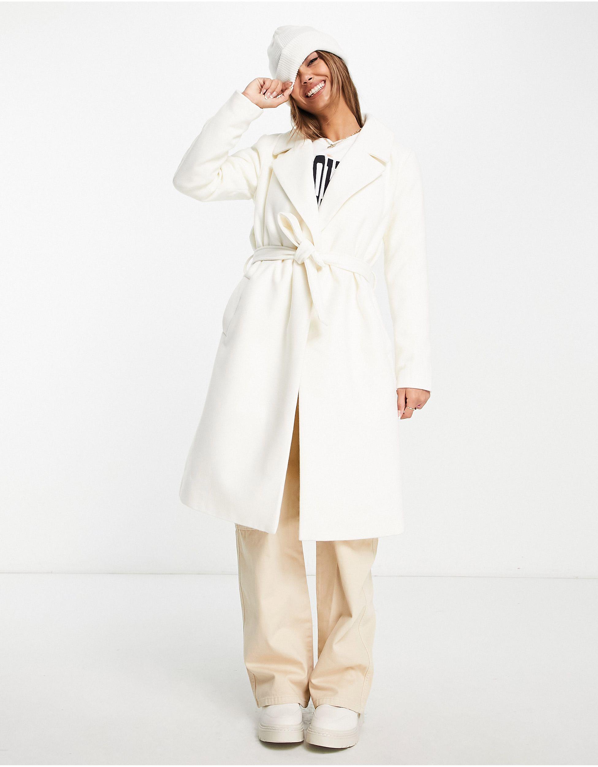 Jdy Exclusive Longline Tailored Belted Coat in White | Lyst