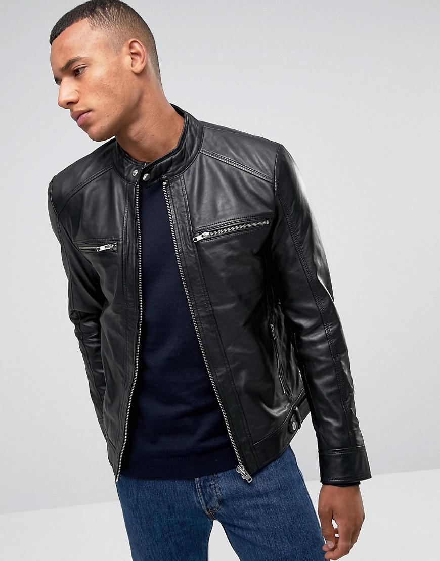 Barney S Originals Black Real Leather Four Pocket Jacket For Men