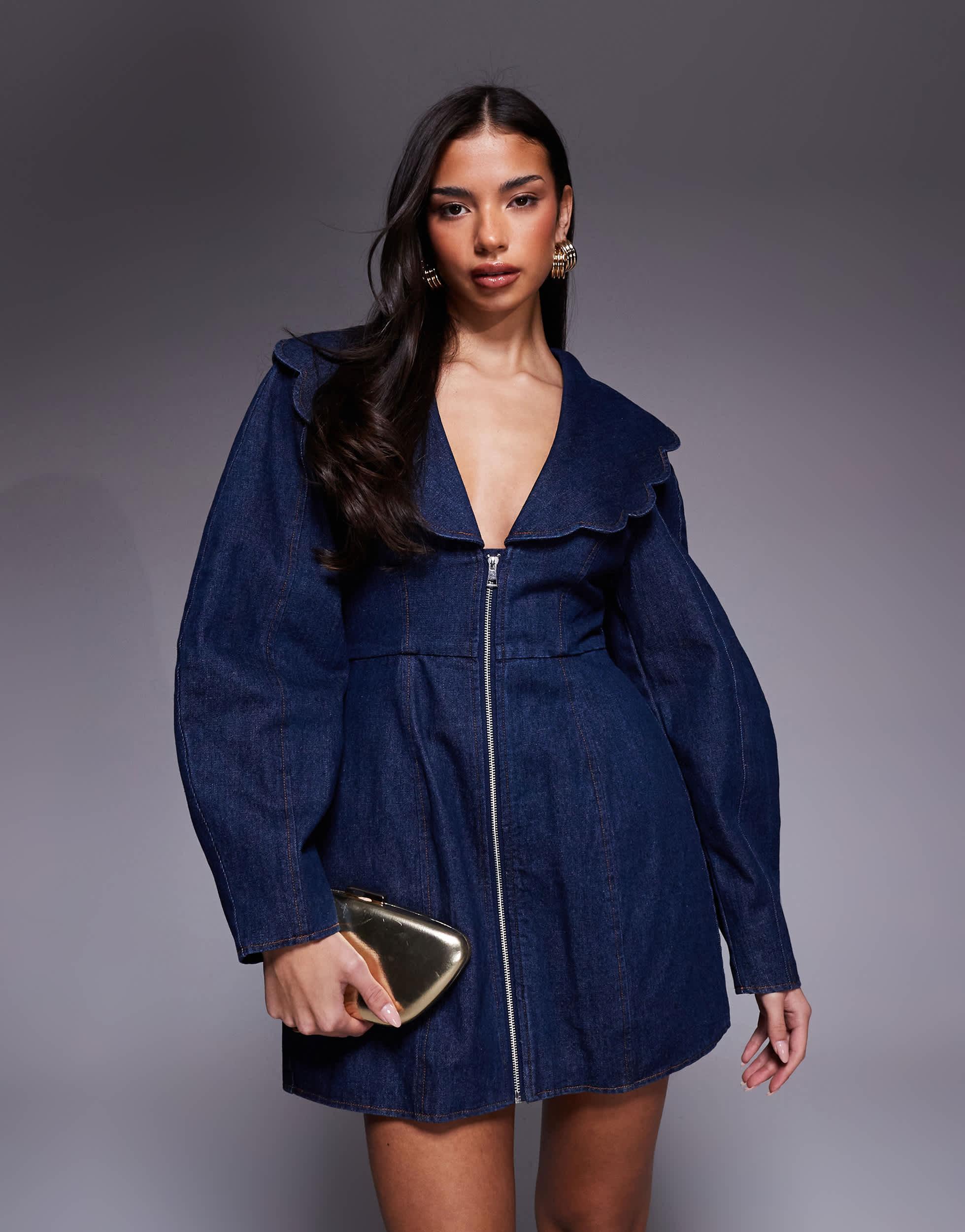 open lace back dress Collared Neck Cap Sleeve Denim Dress Light / S main image 0