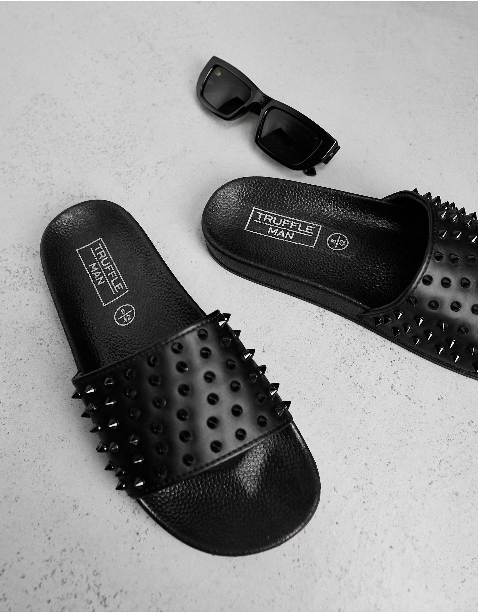 Truffle Collection Faux Leather Studded Sliders in Black for Men | Lyst  Canada