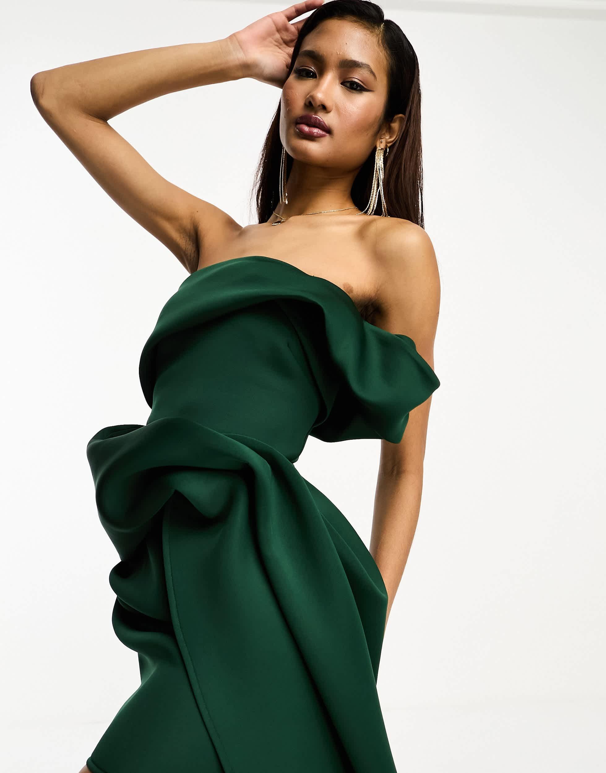asos one shoulder green dress ASOS DESIGN extreme one shoulder satin maxi dress with asymmetric hem in green