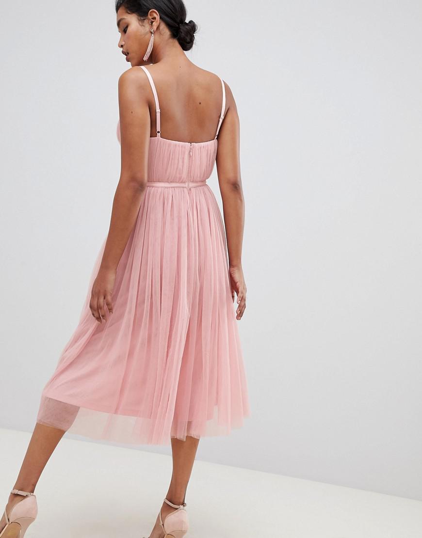ASOS Tulle Midi Dress With Ribbon Waist in Pink Lyst
