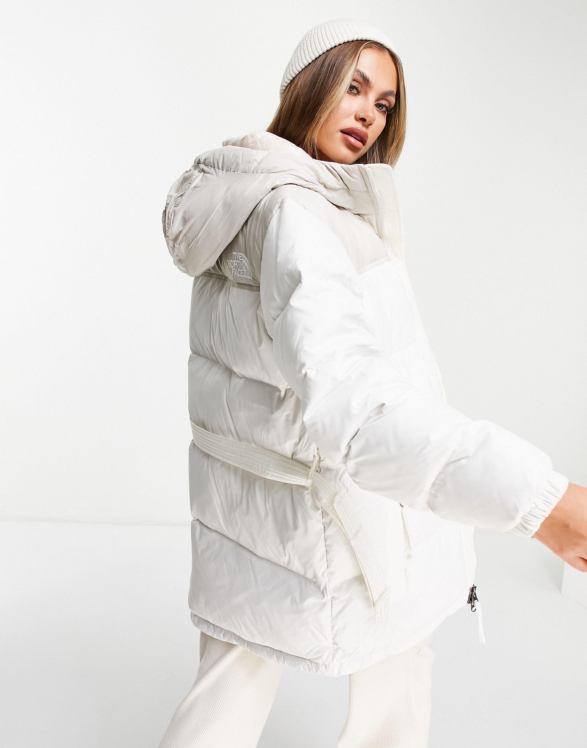 The North Face Nuptse Belted Mid Puffer Jacket in White | Lyst