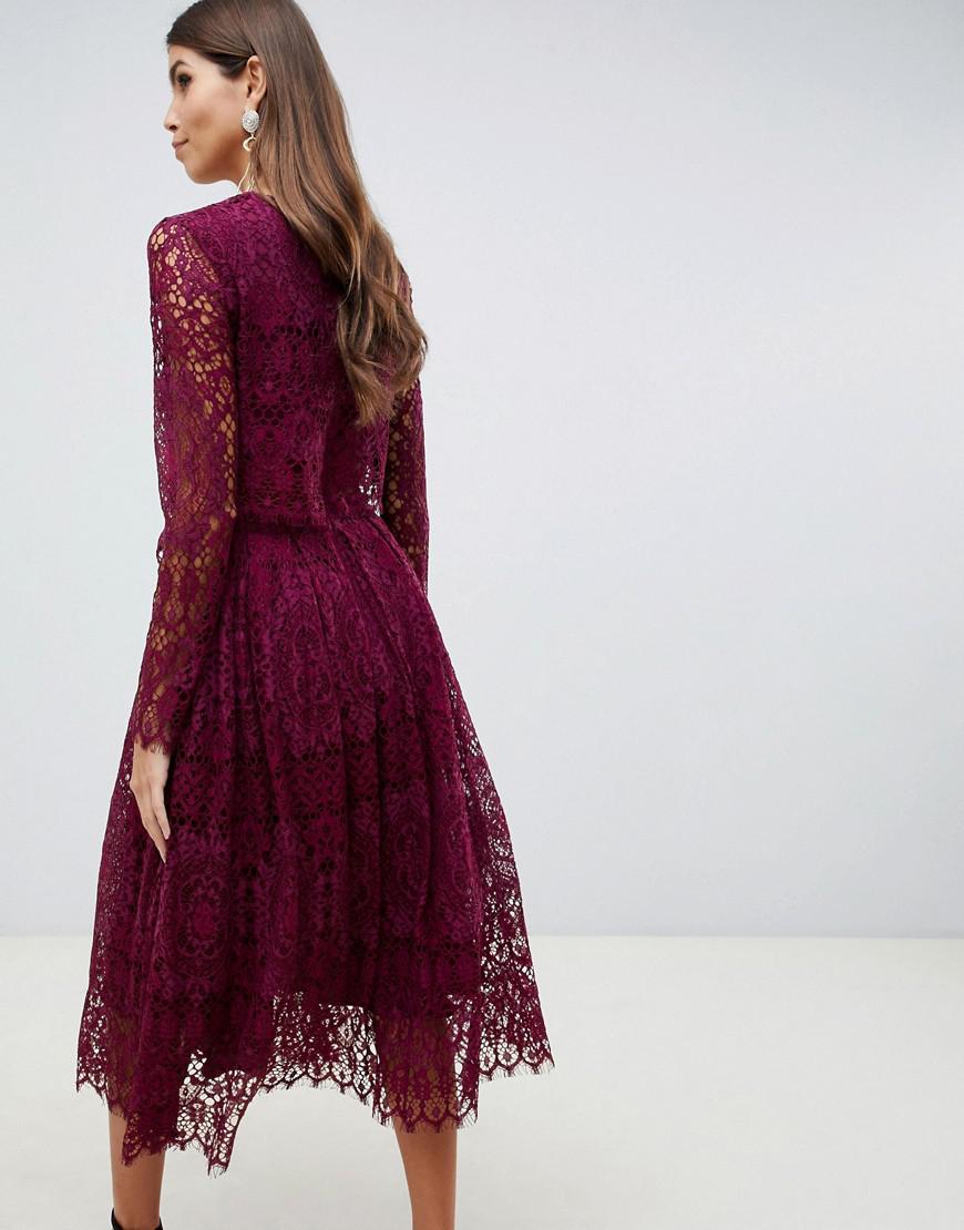 ASOS Lace Long Sleeve Midi Prom Dress in Red - Lyst
