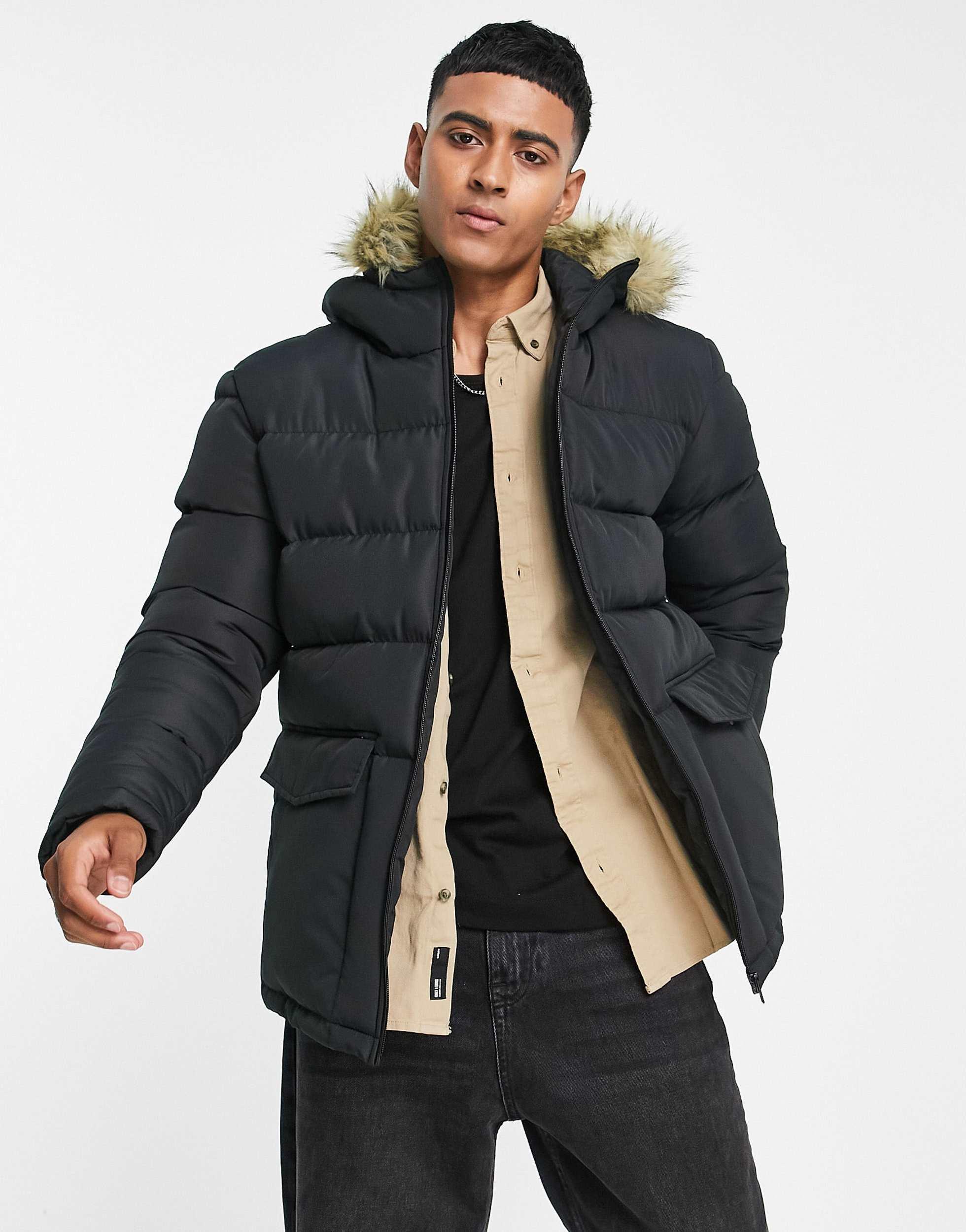 French Connection Padded Parka Jacket With Faux Fur Hood in Blue for Men Lyst