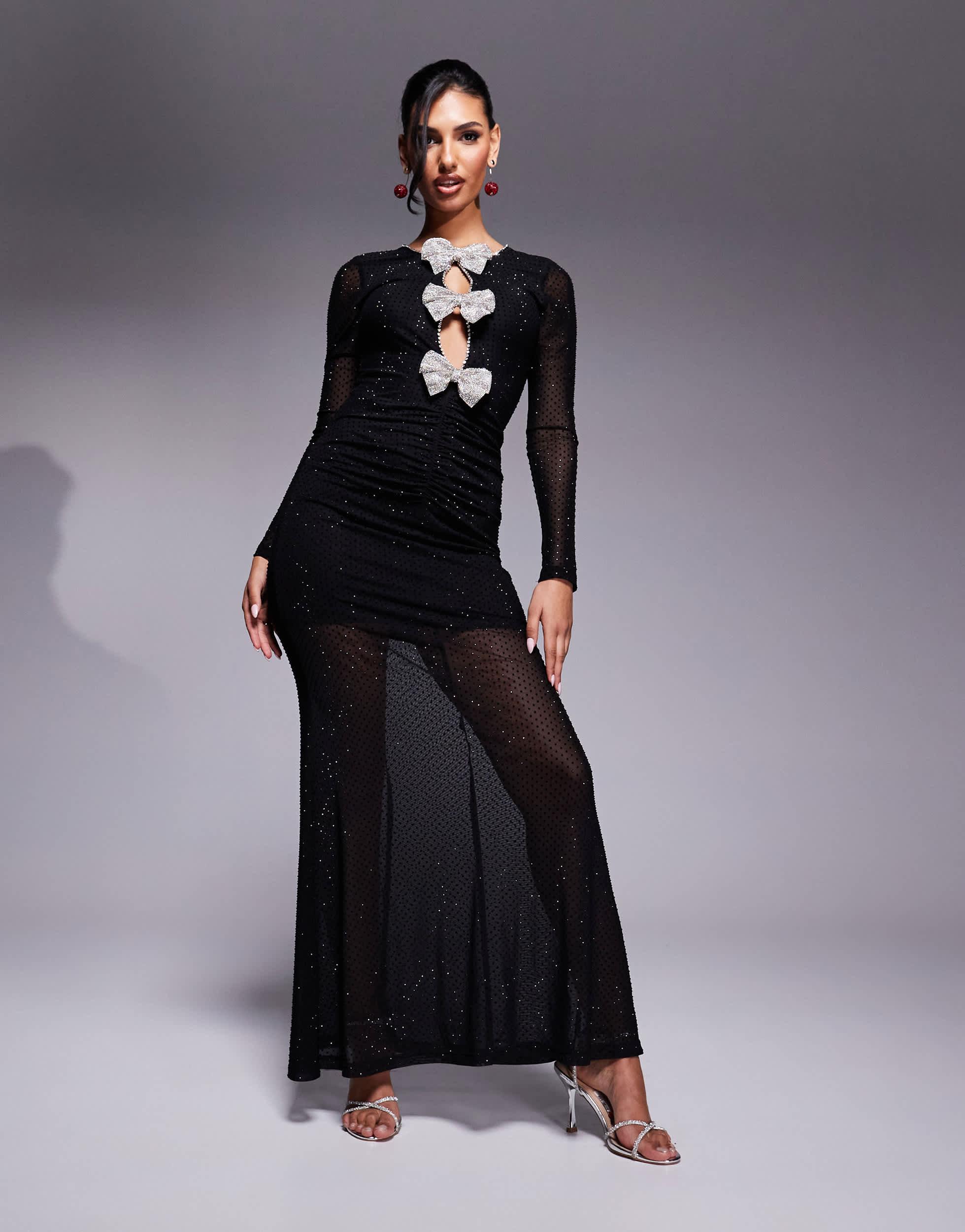 Lavish Alice Rhinestone Embellished Mesh Maxi Dress in Gray | Lyst