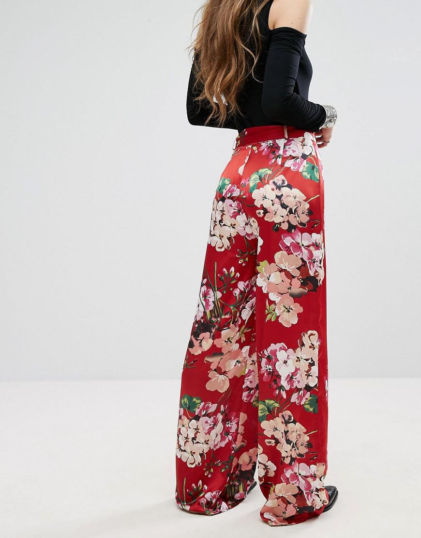 Missguided Synthetic Floral Print Wide Leg Trousers in Red - Lyst