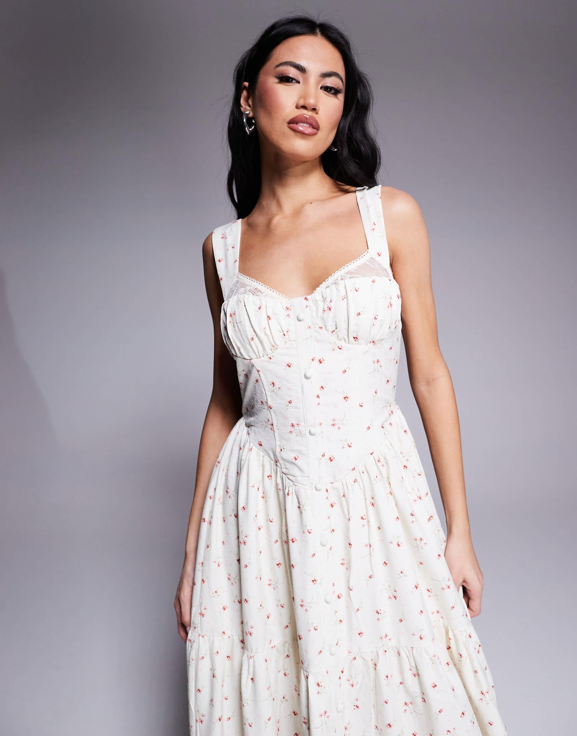 Love Triangle Milkmaid Tiered Maxi Dress in Gray | Lyst