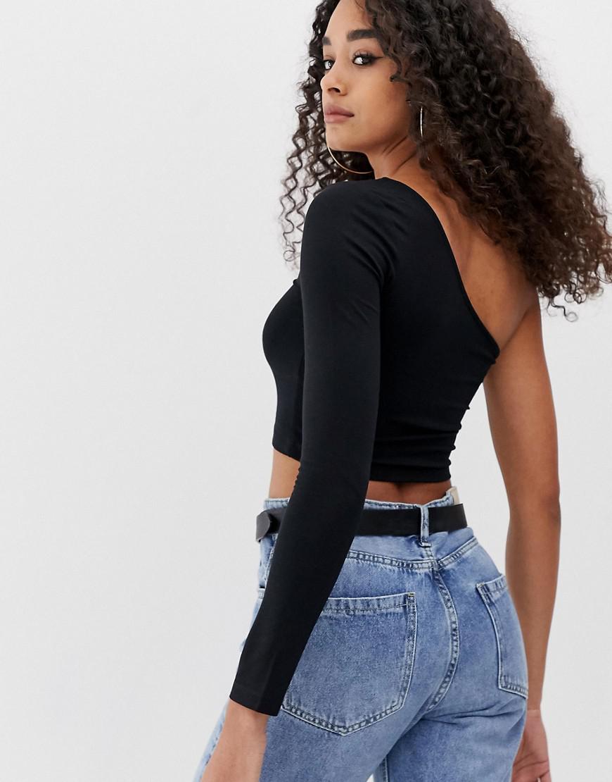 ASOS Denim One Shoulder Long Sleeve Crop Top in Black Lyst