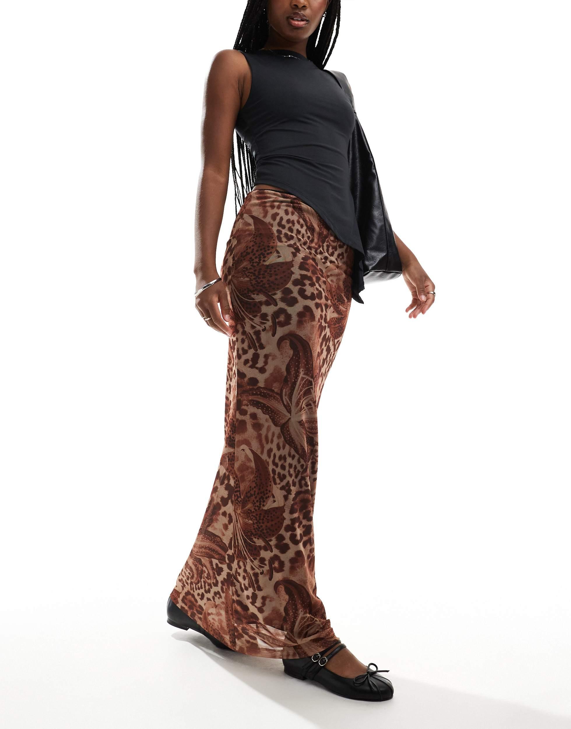 ASOS Floaty Floral Leopard Mesh Maxi Skirt in Brown Lyst Canada
